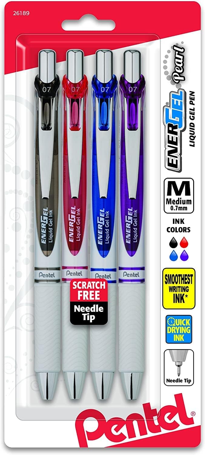 Pentel EnerGel Pearl RTX Retractable Liquid Gel Pen, (0.7mm), Medium Line, Needle Tip, Assorted Ink Colors, Pack of 4 (BLN77WBP4M)