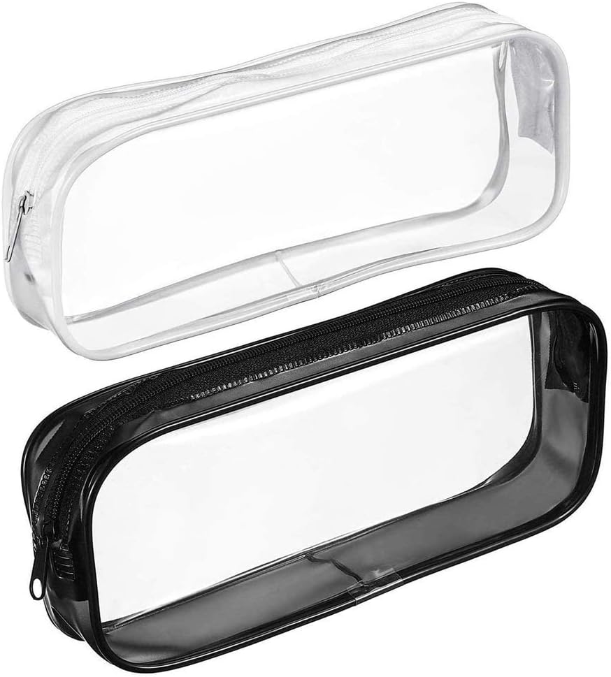 BlingKingdom 2pcs Clear PVC Zipper Pencil Bag Toiletries Exam Pen Pencil Pouch Case Travel Luggage Make up Cosmetic Bag (Black and White)