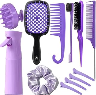 12 Pcs Hair Brush Set for Women, Spray Bottle, 3 Pieces Slick Back Hair Brushes for Toddlers, Soft Scalp Massager, Detangling Hairbrush for Wet Dry Curly Hair Detangling, Wide Tooth Combs (purple)