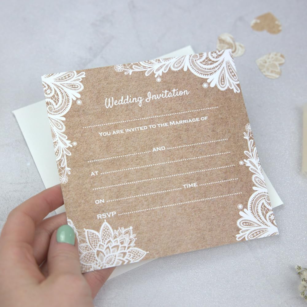 Dotty about Paper Premium Wedding Postcard Invitations - Rustic Lace Pattern - Pack of 10 with Ivory Envelopes. Vintage Charm, Woodland. Perfect for Friends and Family. (L48)