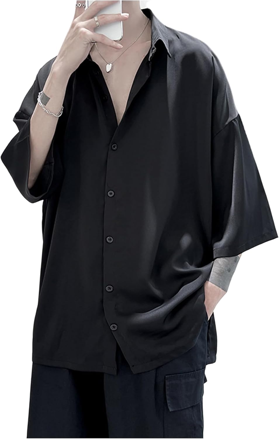 SHENHE Men's Summer Button Down Shirt Short Sleeve Loose Fit Baggy Casual Shirt Streetwear