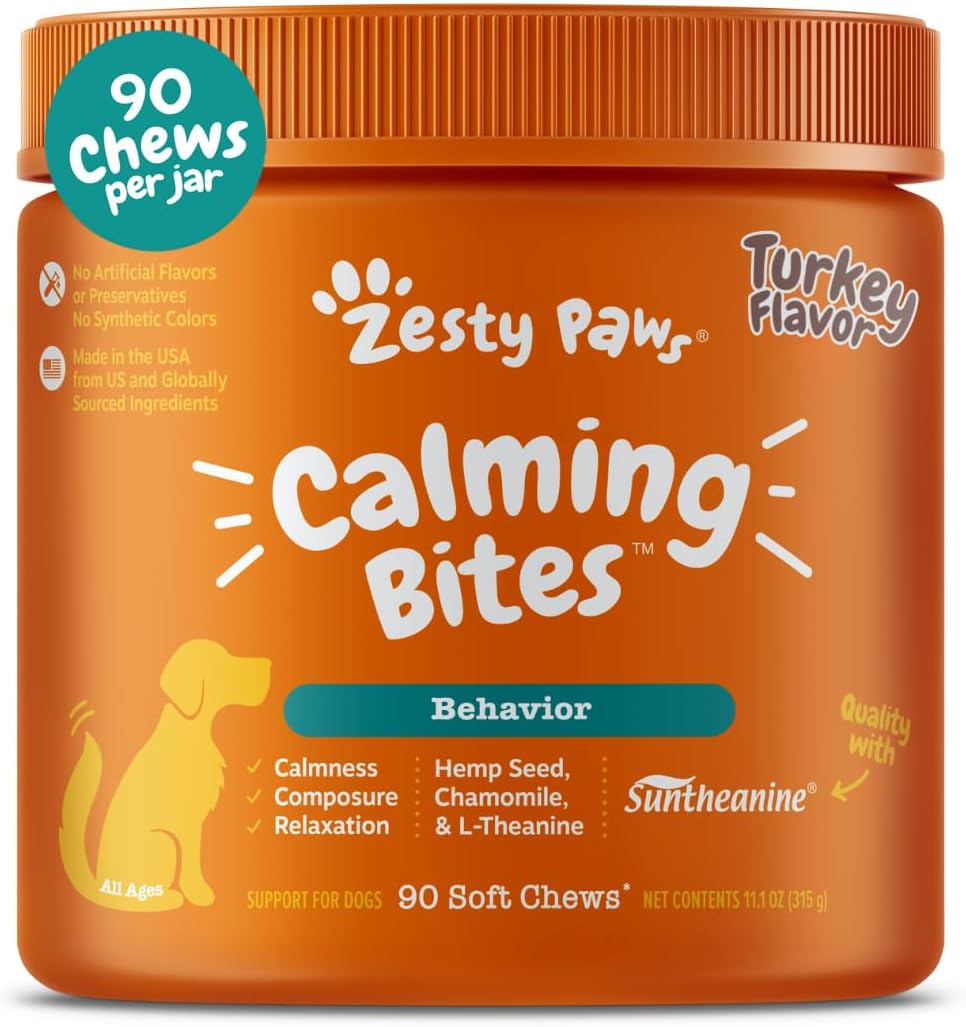 Zesty Paws Calming Chews for Dogs - for Everyday Stress, Relaxation, Composure, and Separation, 90 Count, Turkey