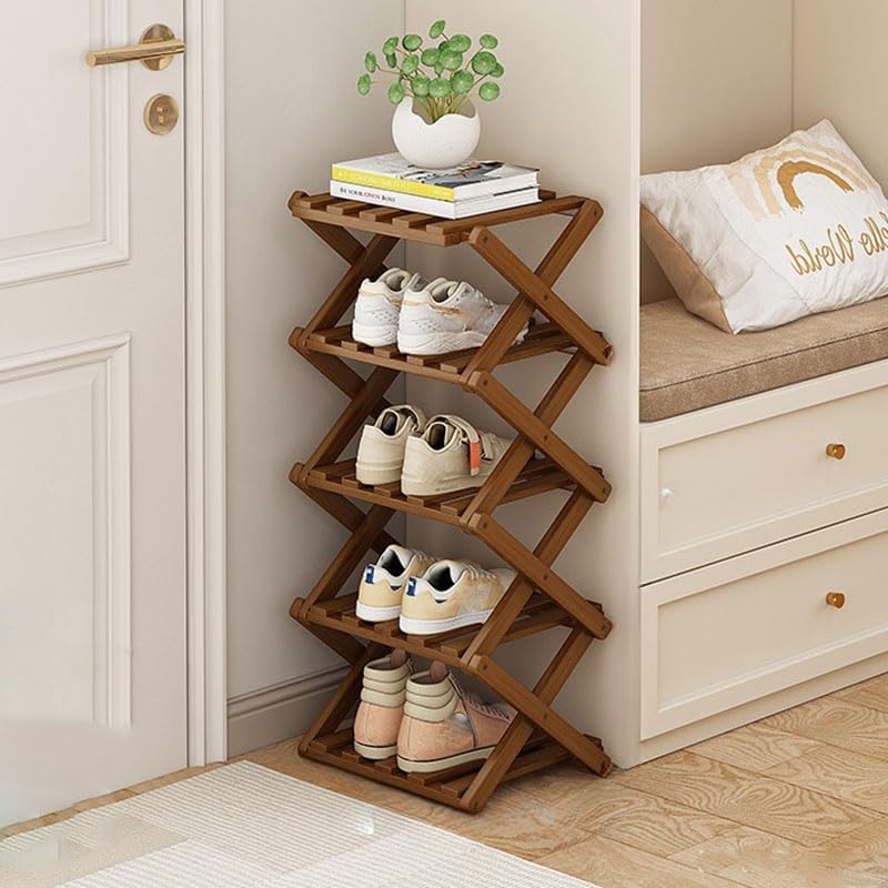 kiss me Bamboo Folding Shoe Rack,Vertical Narrow Shoe Rack,Small Shoe Racks,Without Installation,Shoe Racks Storage,Wooden Narrow Tall rack Indoor for Hallway, Entryway (Brown 5 Tier)