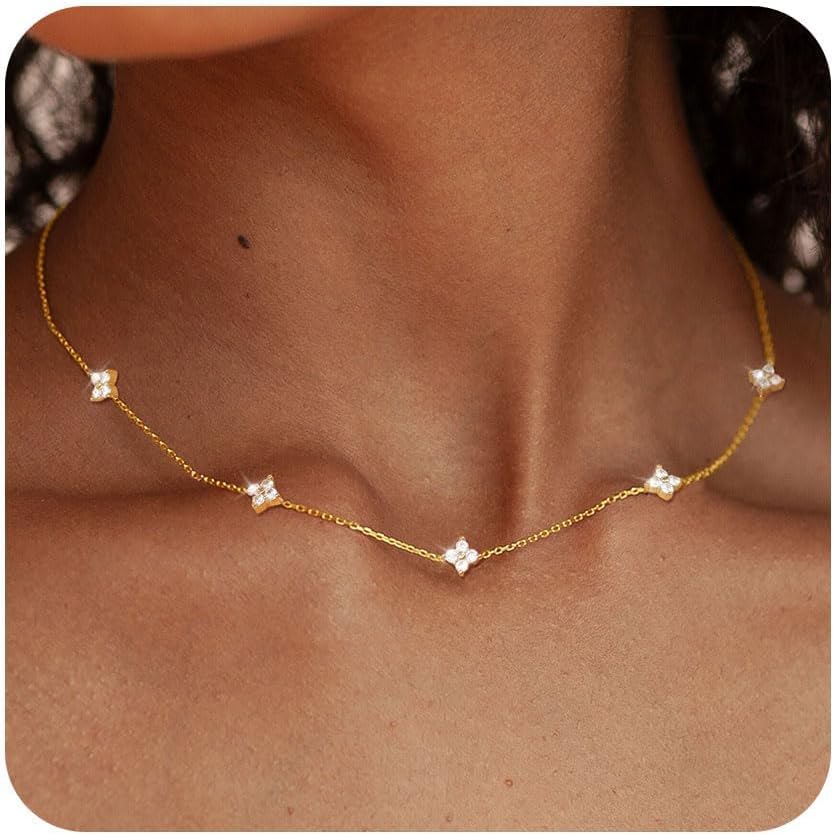 Aidenn Dainty Gold Silver Necklace for Women Girls Trendy Non Tarnish 14K Gold Plated Cubic Zirconia Necklaces Cute Flower Choker Necklace Stack for Wedding Prom Brides Jewellery