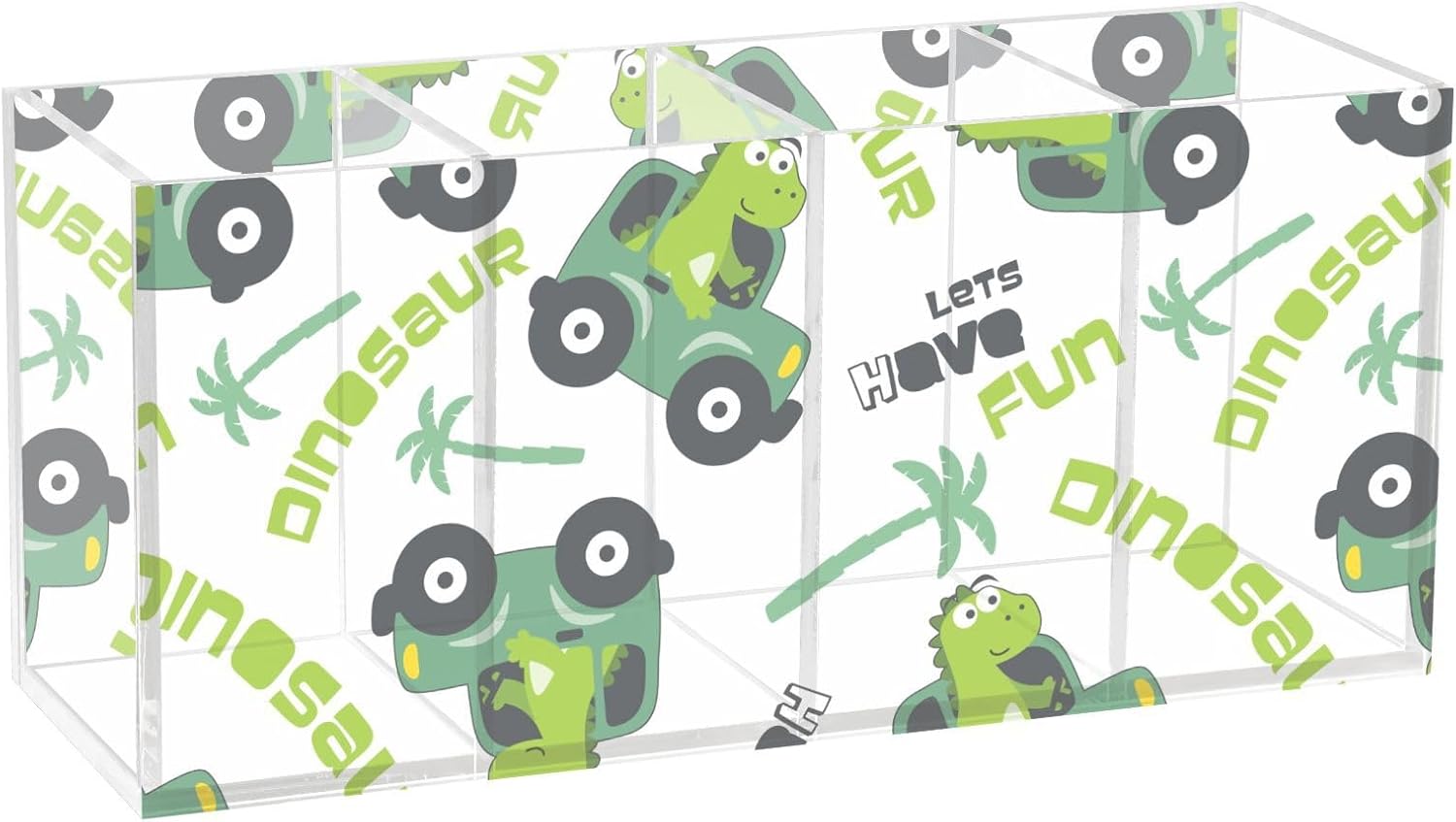 FRODOTGV Cute Dinosaur Driving Car Coconaut Tree Acrylic Pencil Holders 4 Compartments Transparent Pencil Dispenser Plastic Flatware Organizers for Bedroom Bedroom Storage