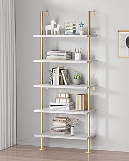 pickpiff Ladder Shelf Bookcase 5 Tier, Extra Sturdy Modern Bookshelf Wall Mounted, Tall Standing Open Shelf White and Gold, Industrial Metal Frame with Wooden Shelf