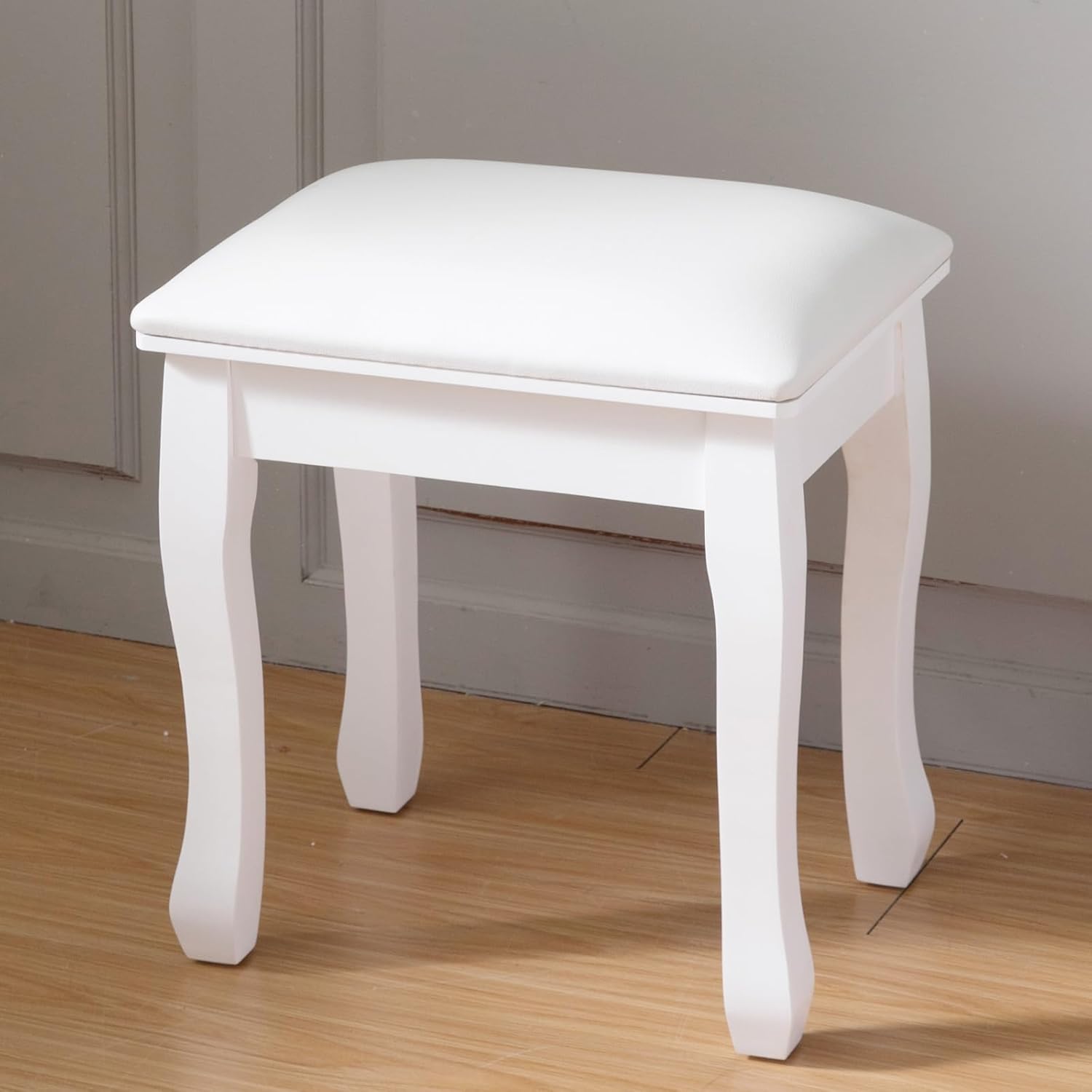 Vanity Stool, Padded Makeup Chair Bench with Solid Wood Legs, Dressing Table Seat, Cute Vanity Stools with Cushion, Modern Foot Stool Ottoman for Small Spaces, Living Room, Bedroom (Curved Legs)