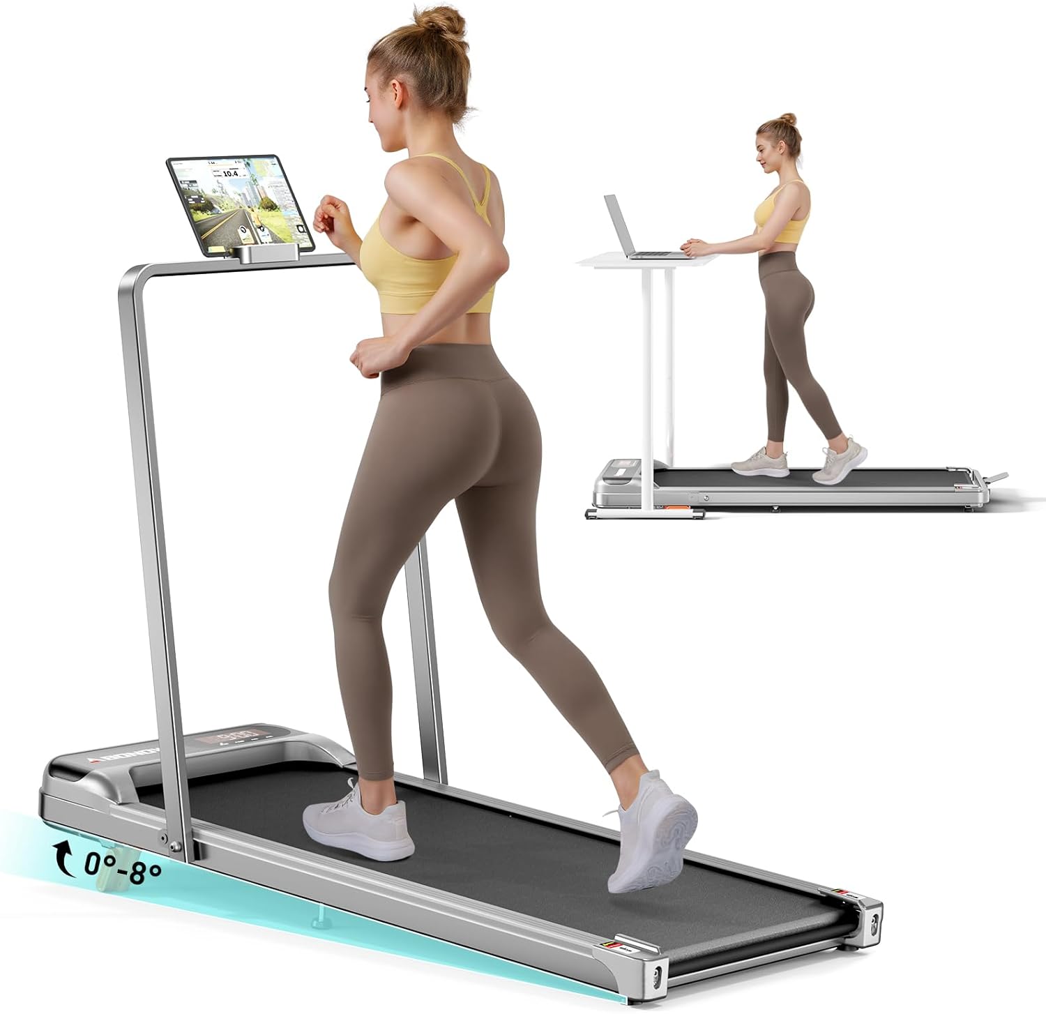 Walking Pad, 2.5 HP Under Desk Treadmill, 2 in 1 Walking Pad with Incline, Walking Pad with Handle Bar, LED Display & Remote Control, Portable Treadmill for Home Office, 265 lbs Capacity