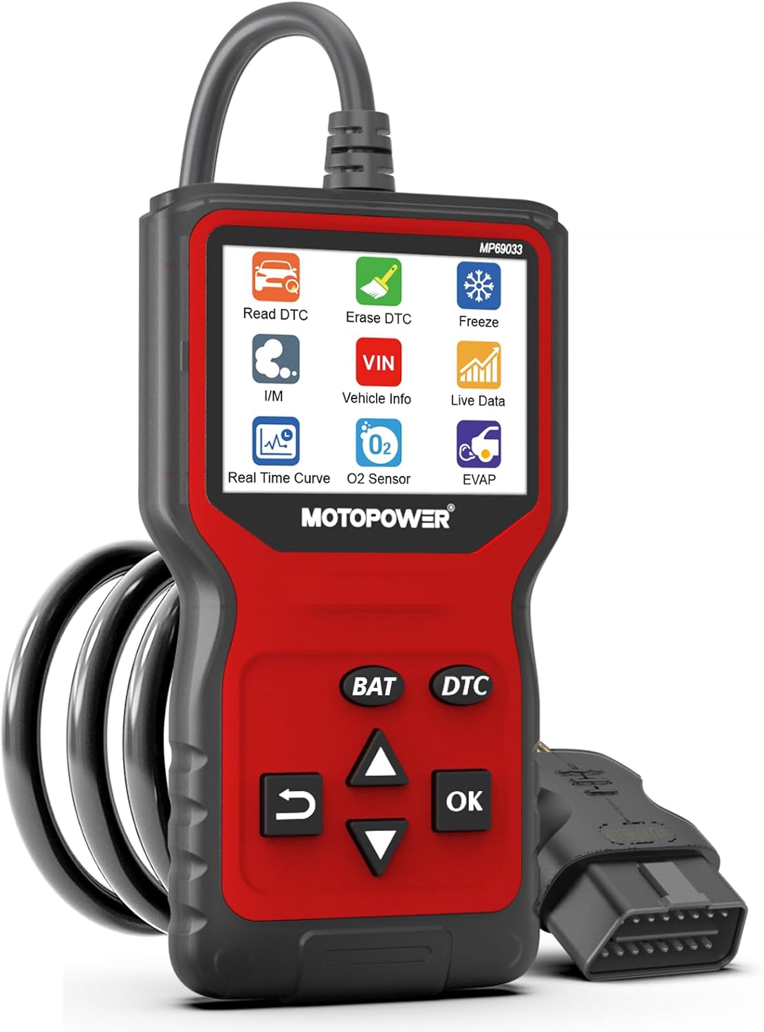 MOTOPOWER MP69033 Pro OBD2 Scanner Code Reader Check Engine Fault Light Diagnostic Scan Tool with Battery Tester, Red Edition