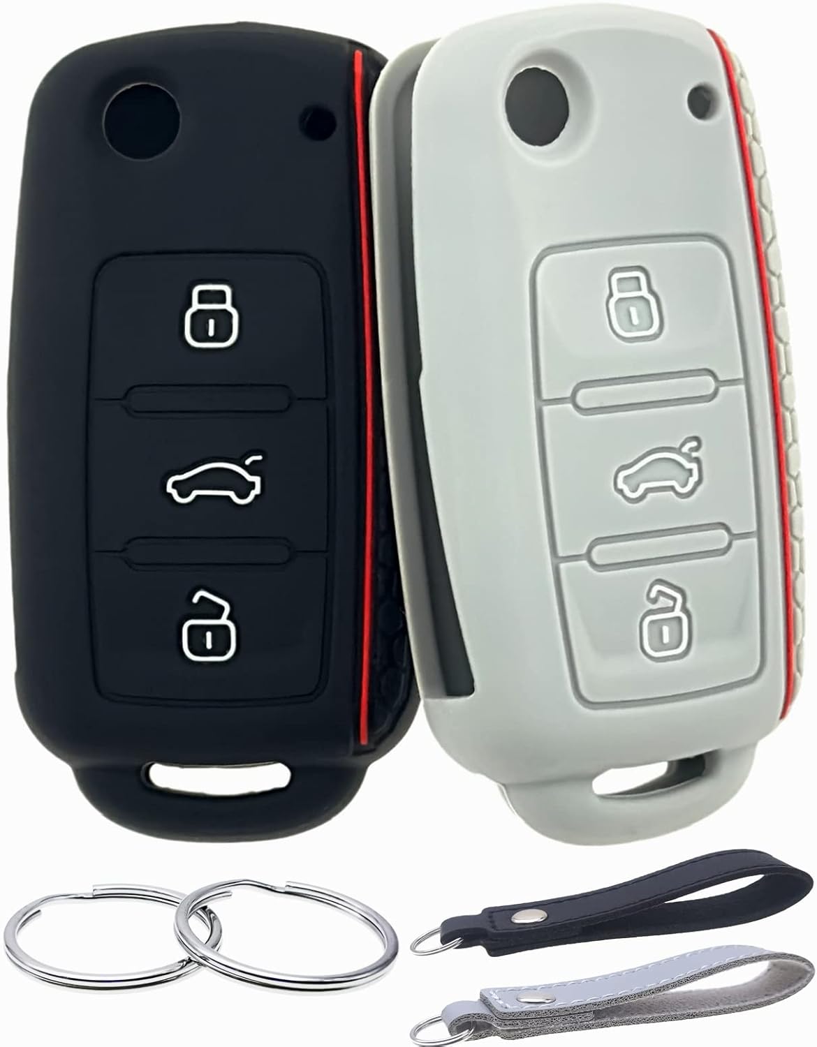 Silicone Rubber Key Fob Cover Compatible with 2006-2015 Volkswagen Beetle CC Eos GTI Golf Jetta Passat Rabbit Tiguan Touareg NBG735868T NBG0100180T (Black/Grey)