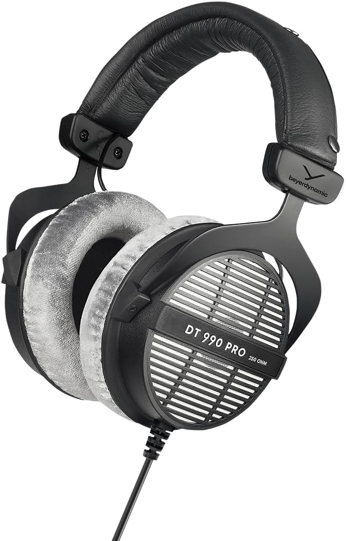 beyerdynamic DT 990 PRO 250 Ohm Open Dynamic Studio Headphones | 3m Coiled Cable with 3.5mm Plug and 1/4 Adapter, Silver-Grey Velour Pads, Handmade in Germany