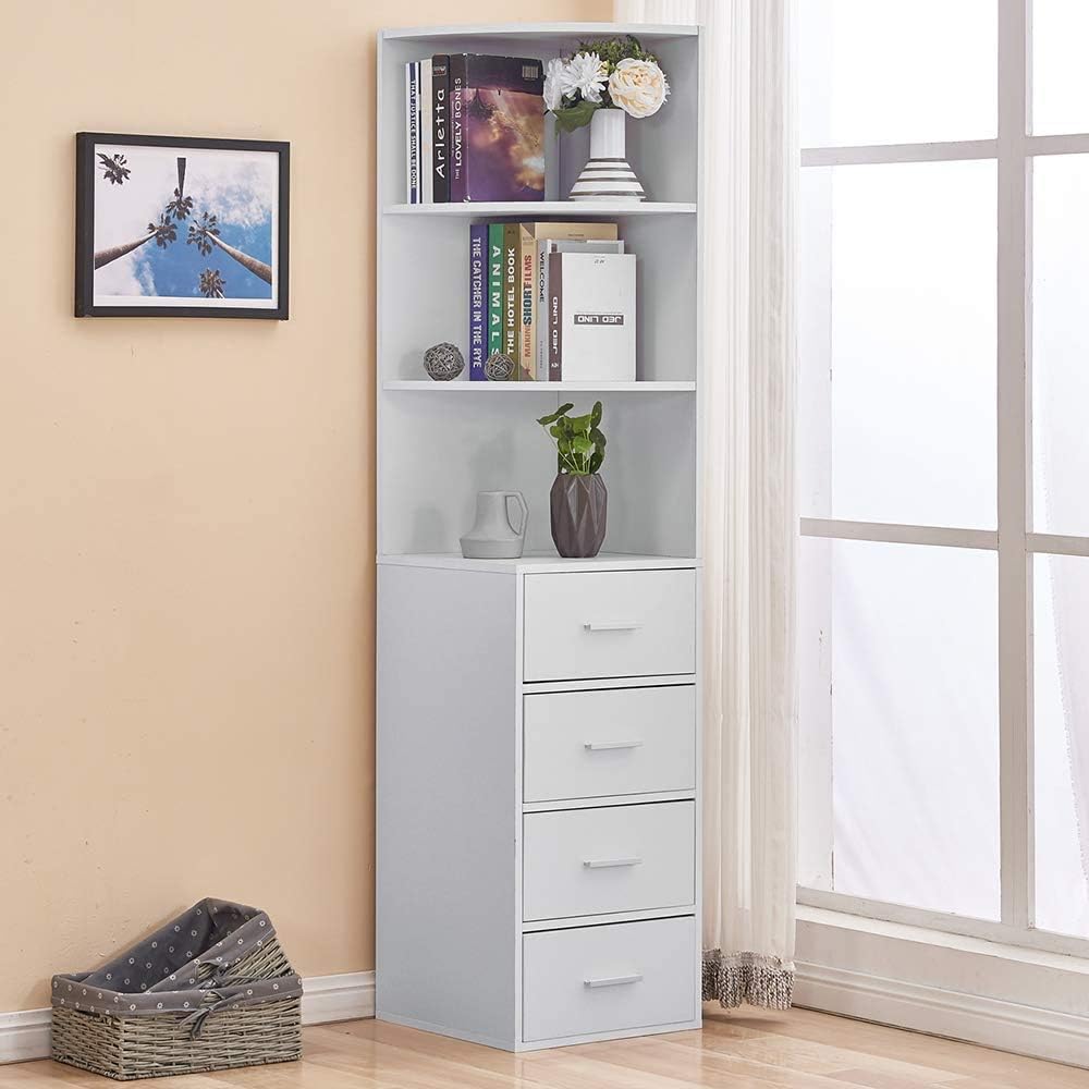 BELIFEGLORY Tall Corner Cabinet Bookcase, White Wooden 3-Tier Bookshelf with 4 Drawers, Floor Standing Storage and Display Rack for Bedroom, Living Room, Home Office