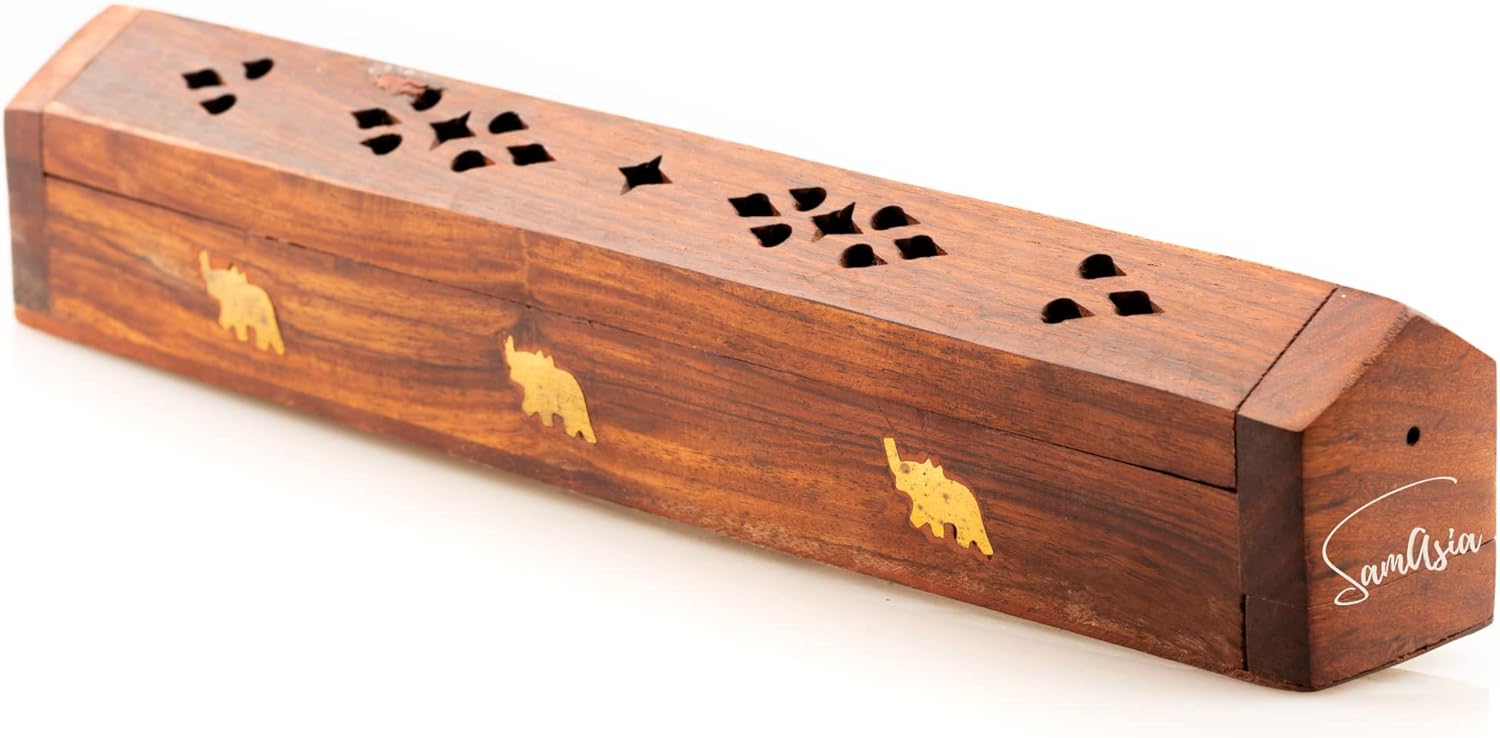 SAMASIA wooden incense holder box | Ash Catcher and Cone Burner | For Aromatherapy, Meditation, Yoga, Reiki, Weddings