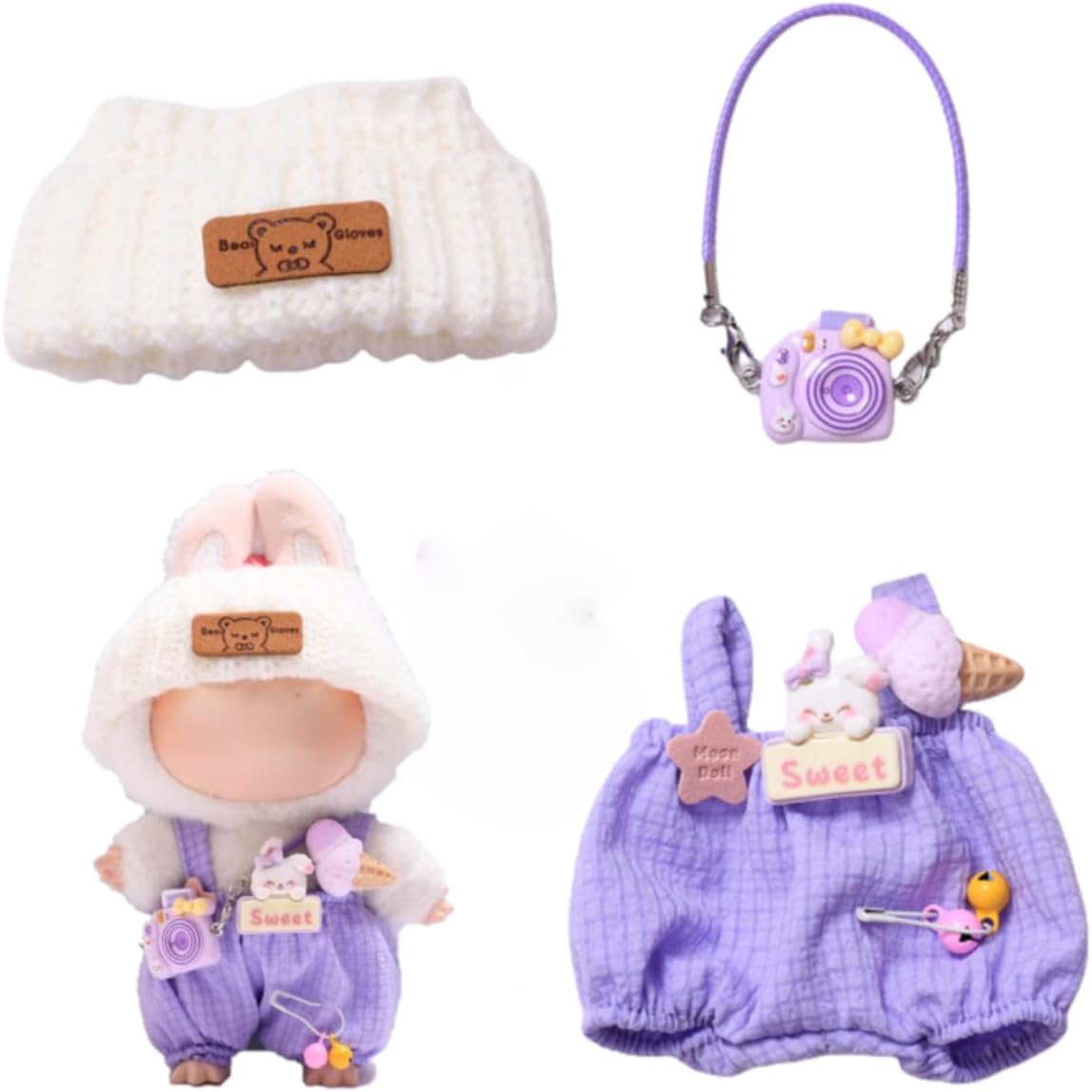 Pink Clothes for Labubu, Handcrafted Crochet 3-Piece Set for 17cm Labbu, Premium Outfit with Accessories for Labubu, Stylish Clothes for Labubu (Purple ice-Cream)