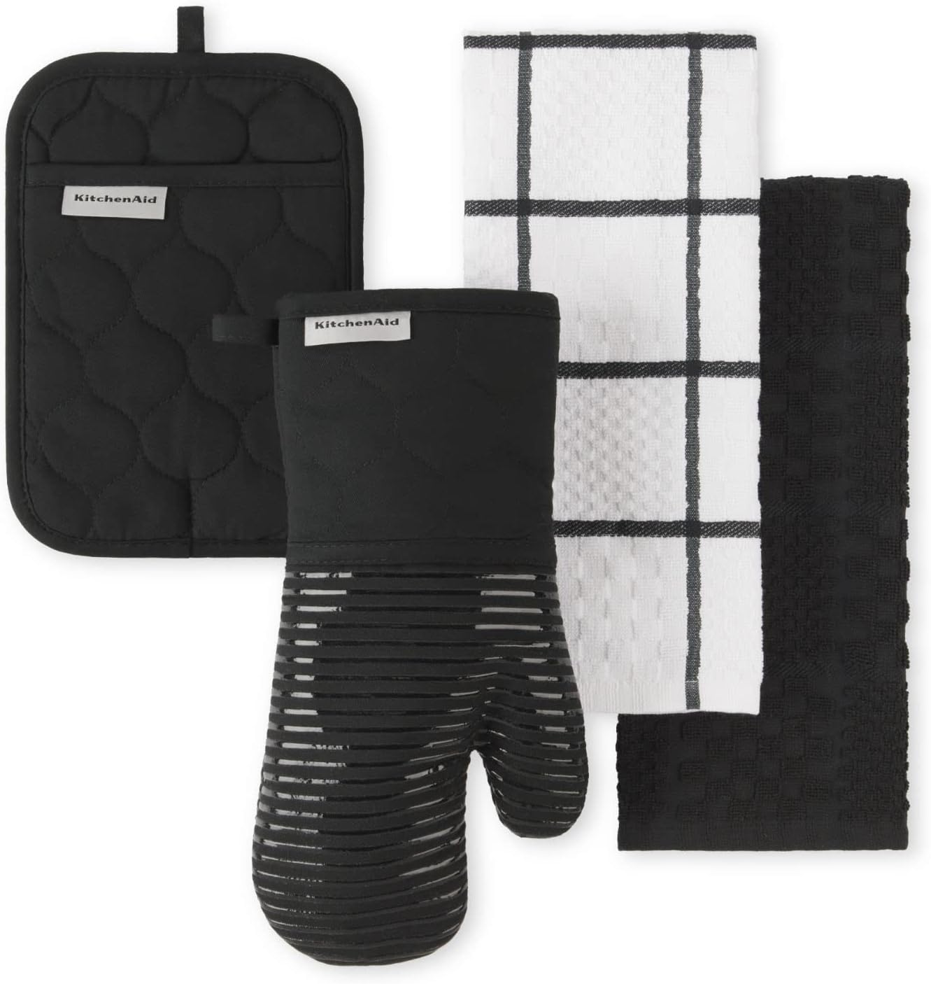 KitchenAid Quilted Cotton Terry Cloth Oven Mitt, Pot Holder Heat Resistant, 16"x26", 7"x13" & 7"x10", Onyx Black