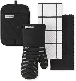 KitchenAid Quilted Cotton Terry Cloth Oven Mitt, Pot Holder Heat Resistant, 16"x26", 7"x13" & 7"x10", Onyx Black