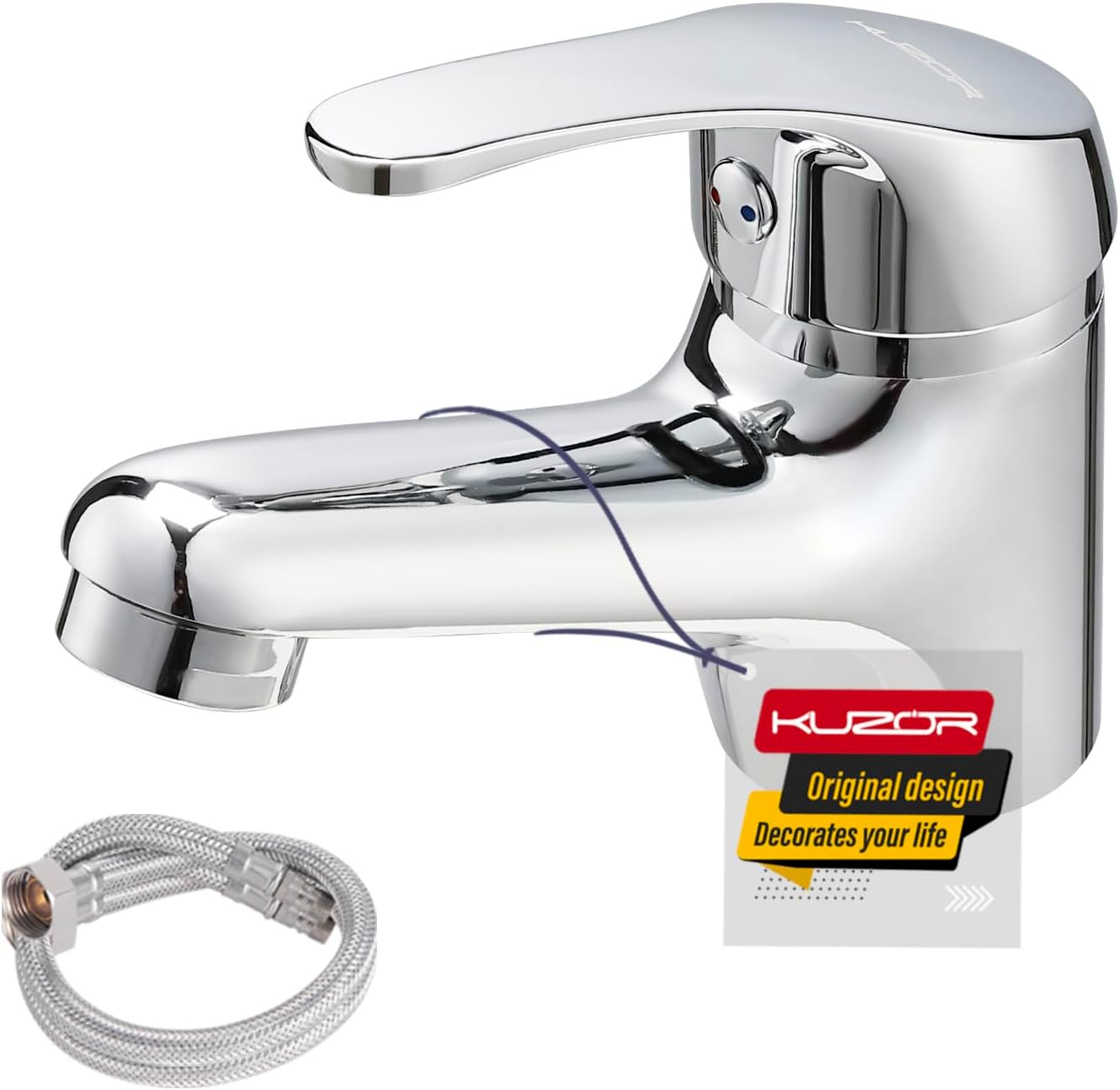 KUZOR 1PC 304 Stainless Steel Mixer Tap with G1/2 UK Standard Water Hoses - Modern Single Lever Sink Faucet for Bathroom/Basin/RV/Vanity - Height 3.54in, Weight 0.78lbs - Chrome
