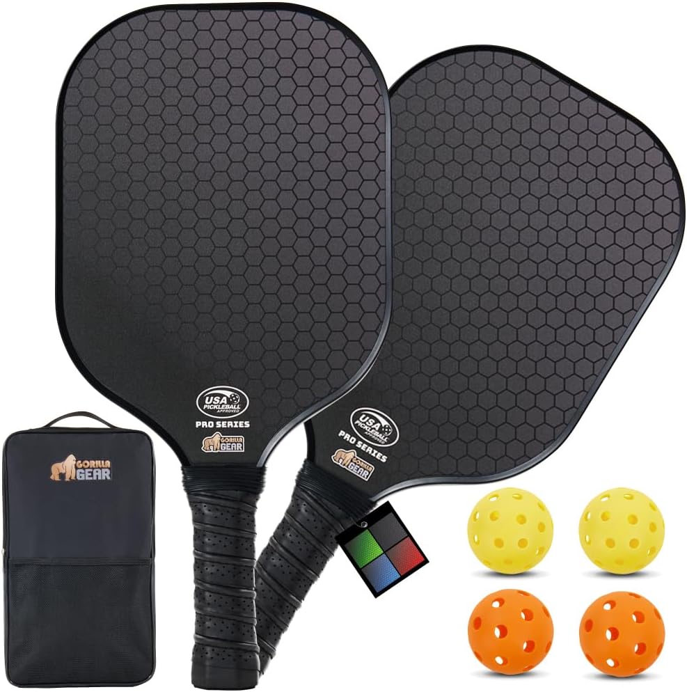 Gorilla Gear USAPA Approved Pickleball Paddle Sets, Fiberglass Shock Absorbent Racket with Ergonomic Grip, Indoor Outdoor Pickle Ball Court Sports Accessories Equipment, Includes 4 Balls and Bag
