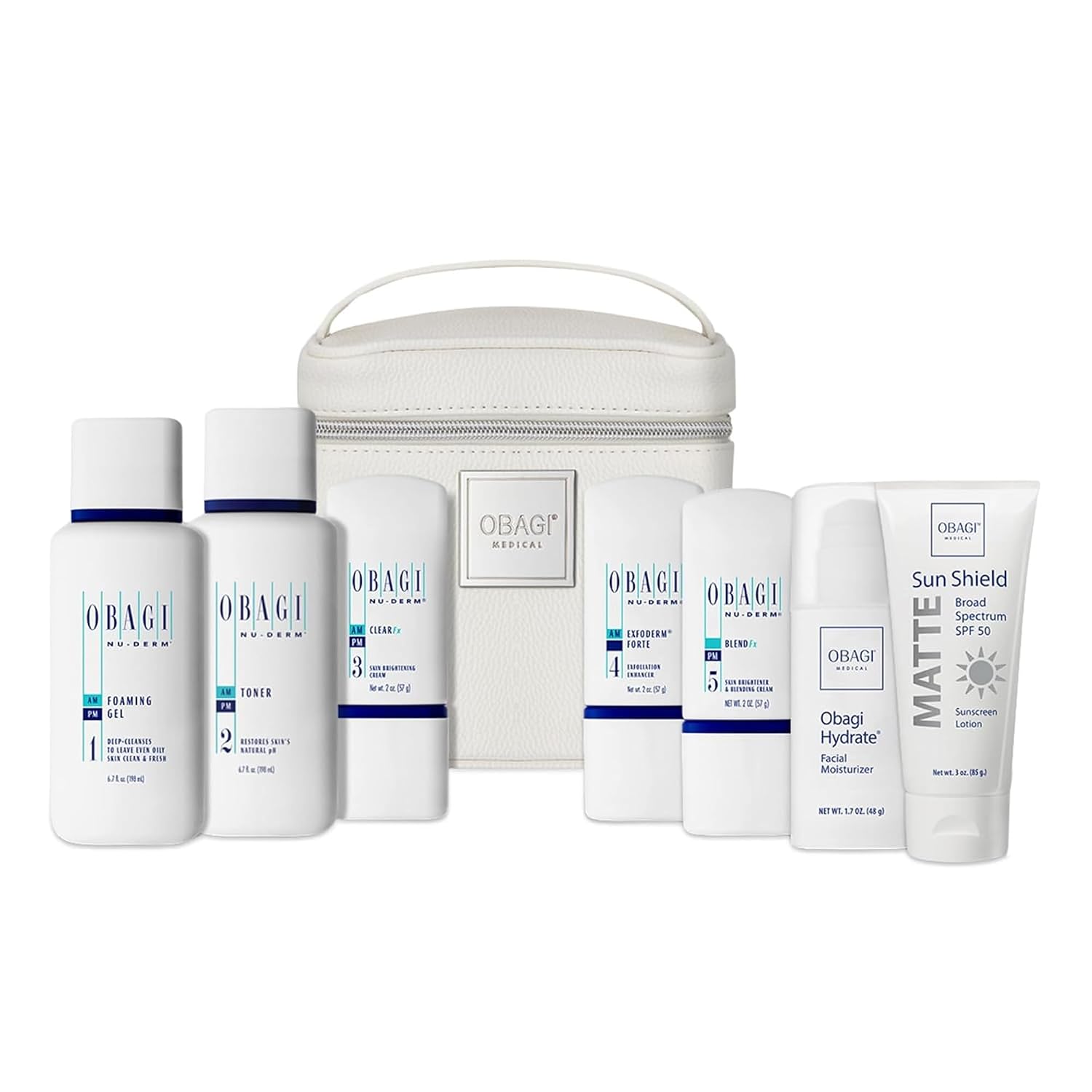 Obagi Medical Nu-Derm Fx System Normal to Oily Bundle - Includes: Foaming Gel, Toner, Clear, Exfoderm Forte, Blend. Hydrate and Sun Shield.