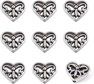 Fashewelry 50Pcs Antique Silver Hollow Heart Spacer Beads Tibetan Metal Butterfly Pattern Loose Beads 10x12mm for Jewelry Making