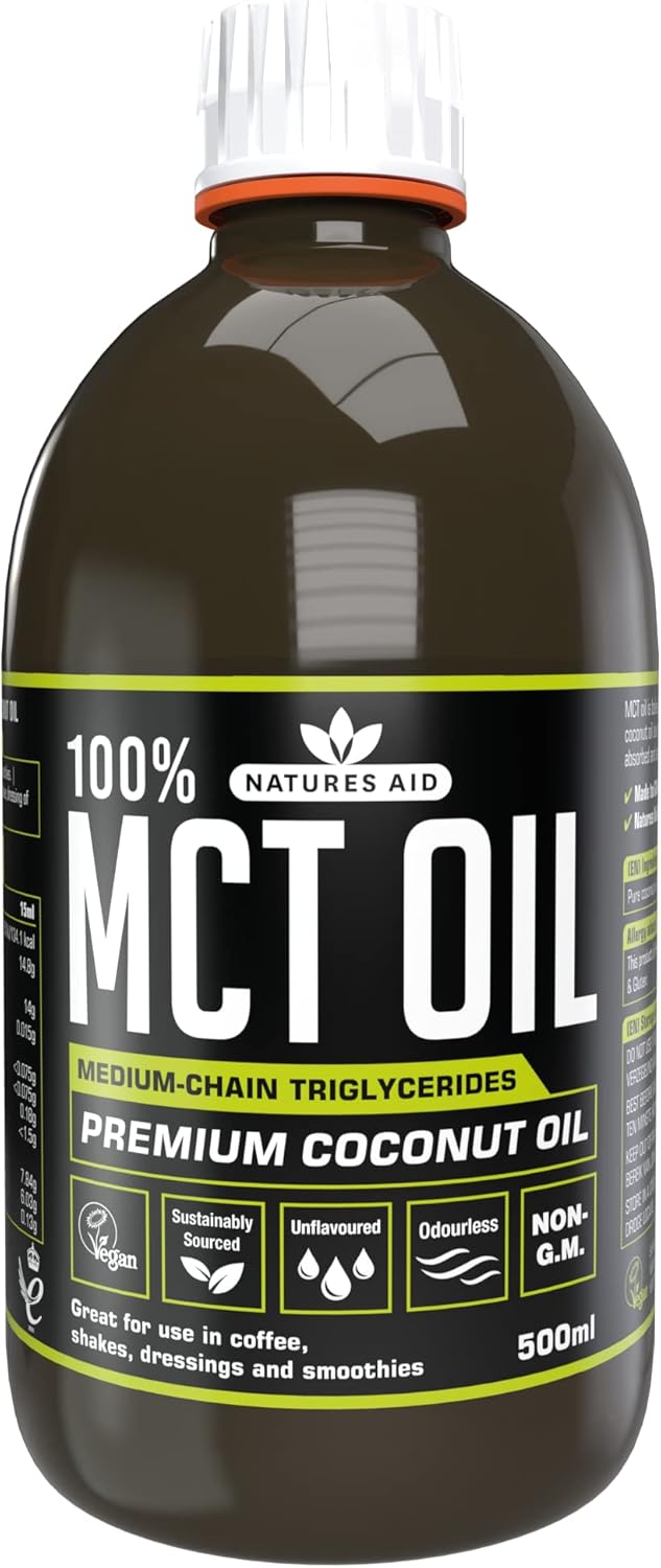 Natures Aid 100% MCT Oil 500ml - Premium Coconut MCT - Energy Boost - Keto Friendly - Add to Coffee Shakes Smoothies - Vegan, Non-GMO, Gluten-Free - Rapid Absorption Sustainably Sourced
