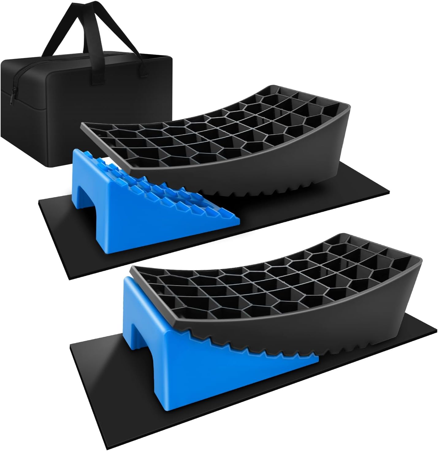 RV Leveling Blocks System, 2 Packs Camper Leveling Blocks System with 2 Chocks, Curved Trailer Leveling Blocks with Rubber Anti-Slip Mats and Carry Bag, 35000 G.V.W, Blue