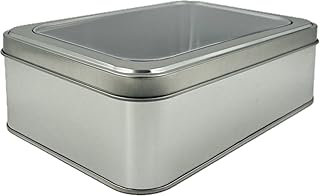 Silver Rectangular Tin Container With Clear Lid, Single Piece Multipurpose Tin, Festive Tin Box for Gift Giving, Cookies, Stationery & More - 7.25 x 5.25 x 2.25 Inches