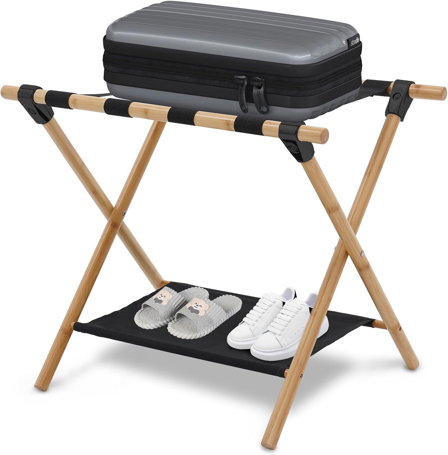 Siairo Luggage Rack,Wooden Portable Luggage Rack for Suitcase ,Double-Deck Luggage Racks Include Storage Shelf and Luggage Racks for Family Hotel Use,64*45*52CM,Withstand 50 KG