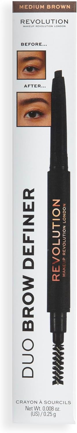 Makeup Revolution Duo Brow Definer Pencil, Add Definition, Includes Brush, Medium Brown