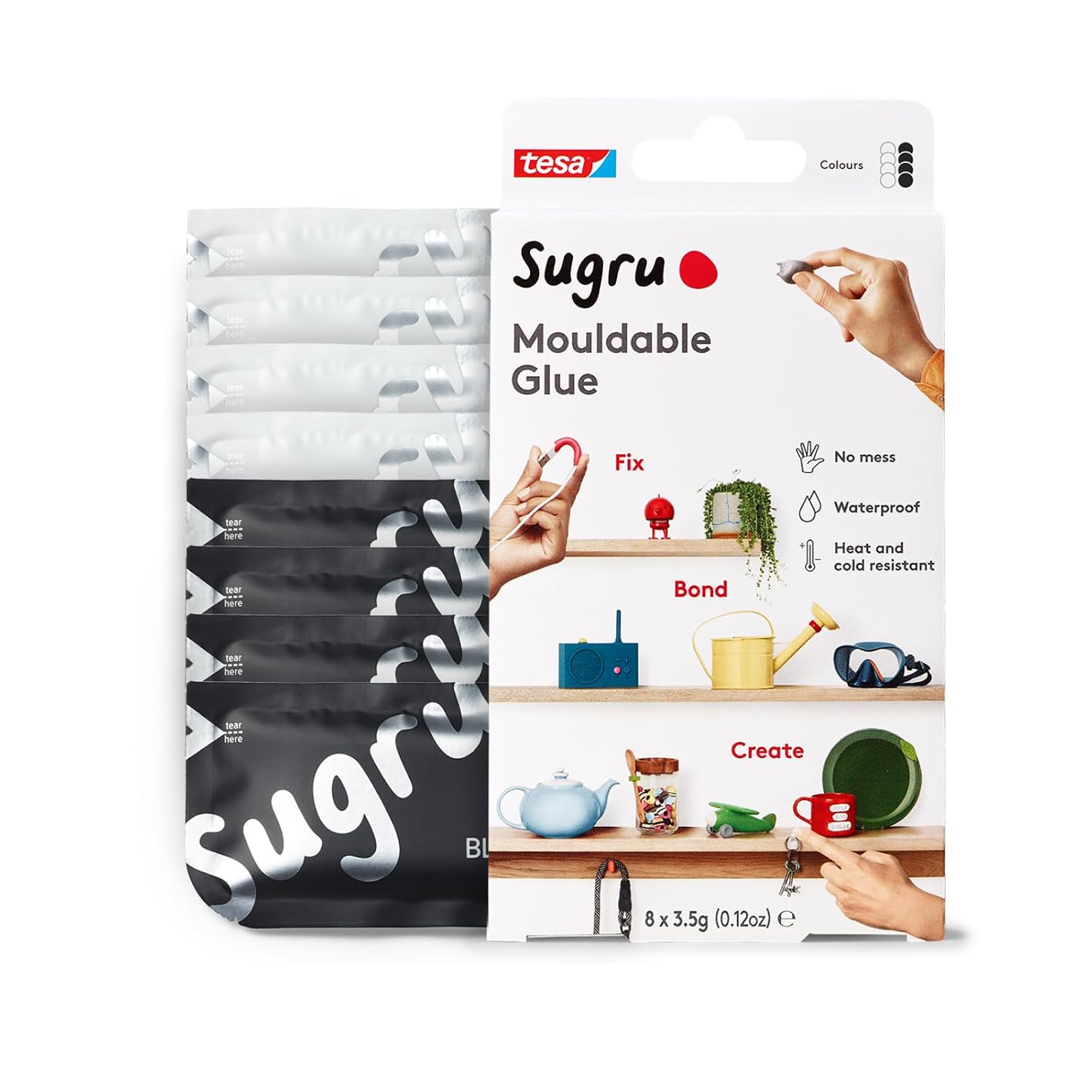 Sugru Silicone Super Glue - Waterproof All Purpose Wall Putty + Moldable Glue for Crafting + DIY Home Improvement - Removable + Kid-Safe - Indoor/Outdoor Use - 8 Pack - Black + White (3.5g/ea)