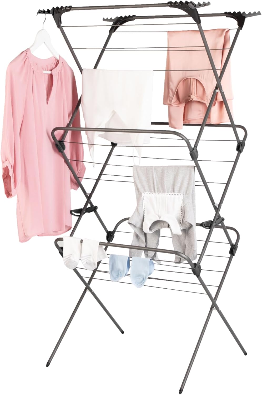 Minky Premium SureGrip 3 Tier Indoor and Outdoor Clothes Drying Rack, Lightly Textured Non Slip Rungs, 69 Ft. of Hanging Space, Silver