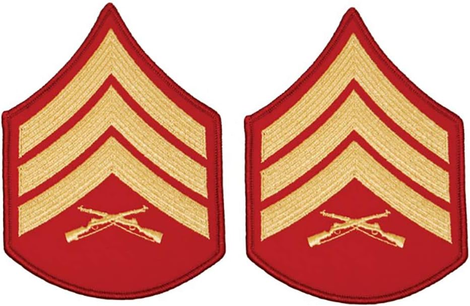 Vanguard Marine Corps Chevron: Sergeant - Gold Embroidered on Red, Male Size, Pair, Star Patch