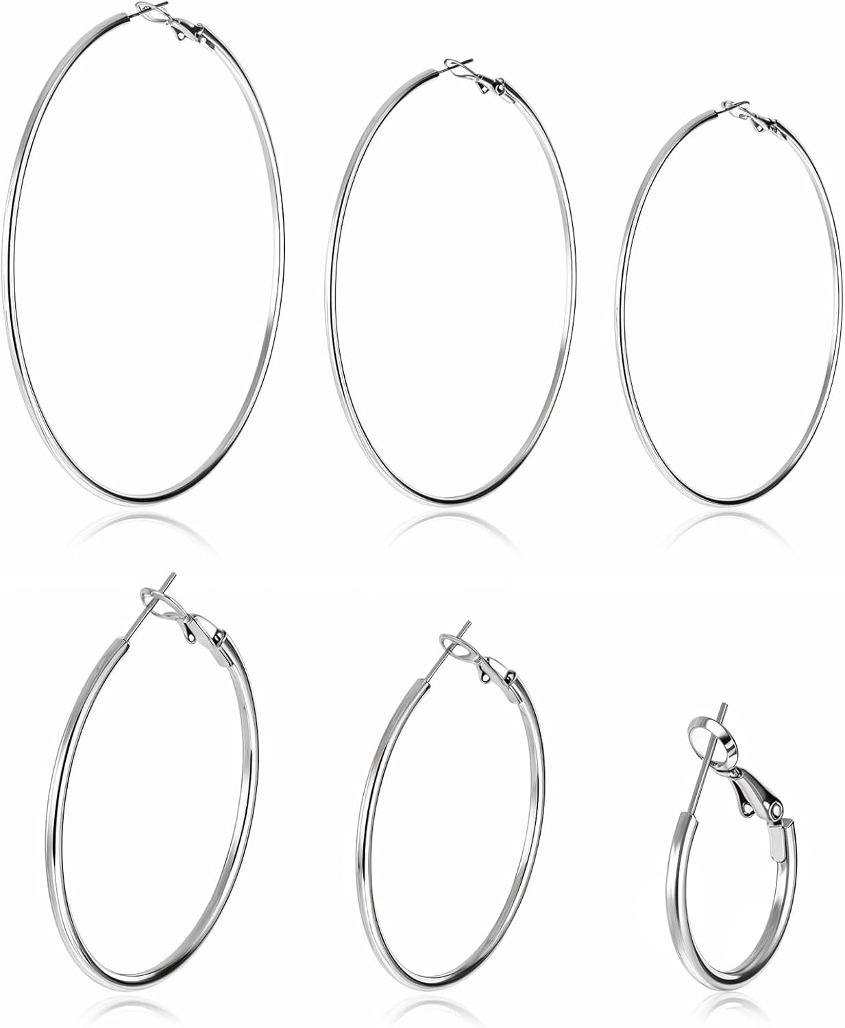 6 Pairs Silver Hoop Earrings, Stainless Steel Earrings Big Hoop Earring Lightweight Dangle Earring Set Big Silver Hoops for Women 20/30/40/50/60/70mm