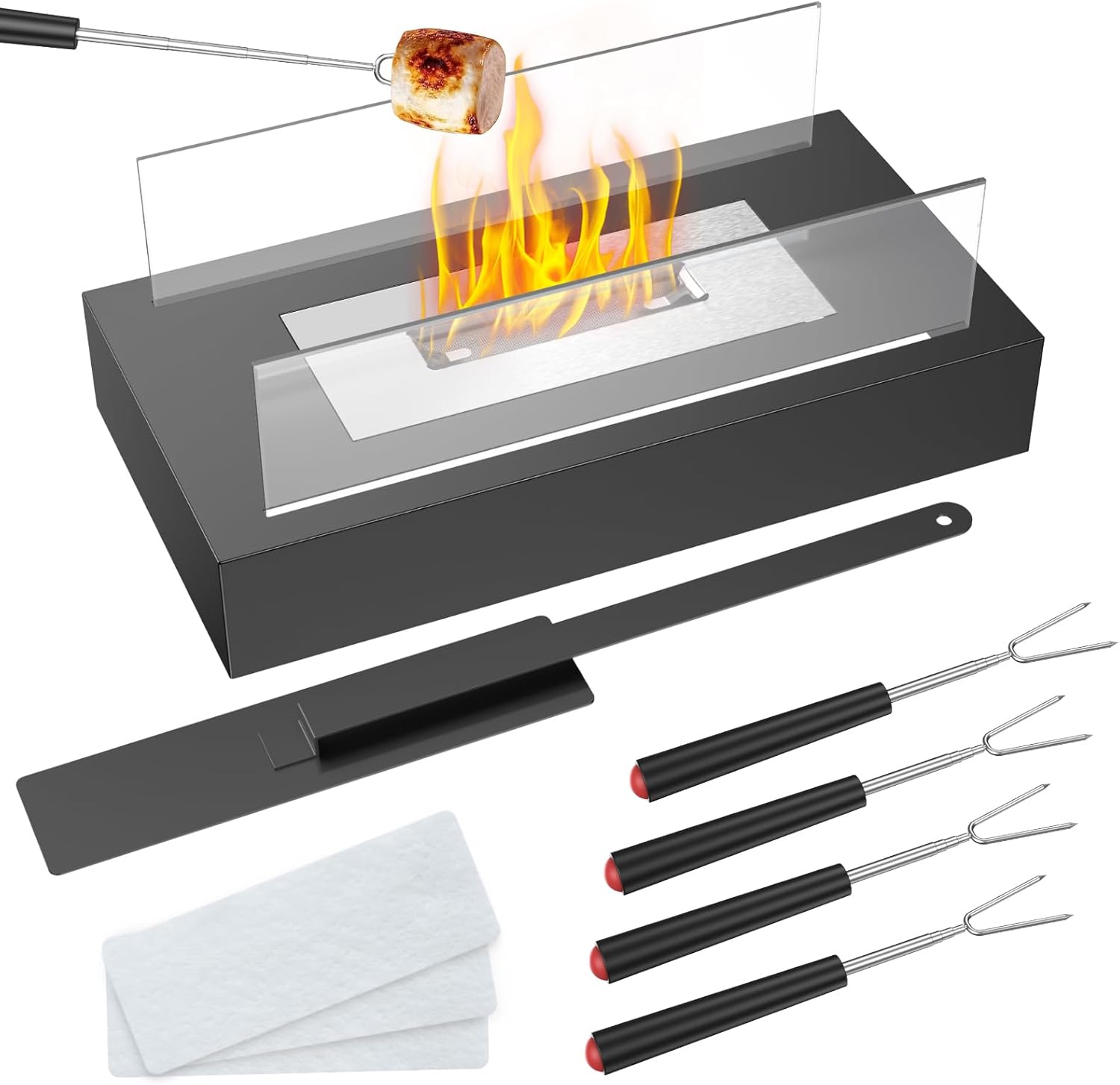 Tabletop Fire Pit - Safer Stainless Steel Small Table Fireplace for Dinner Parties, Smores Maker - Indoor/Outdoor Portable Mini Table Top Firepit (Rectangular-Black)