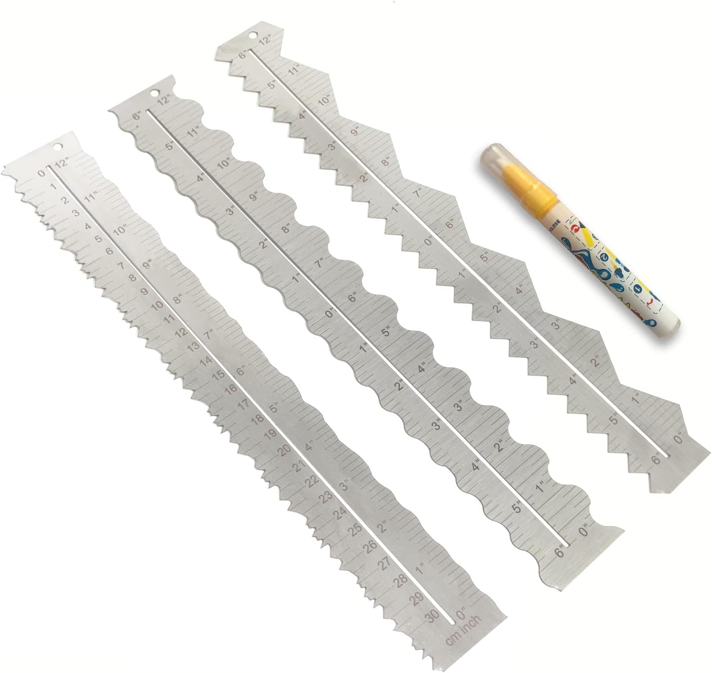 3Pcs Metal Irregular Edges Ruler for Paper Tearing, 12" Measuring Tool | 3pcs, stainless steel, 6 irregular edges, with water pen, inch/cm measurments, 12" length, multi-functional, for school