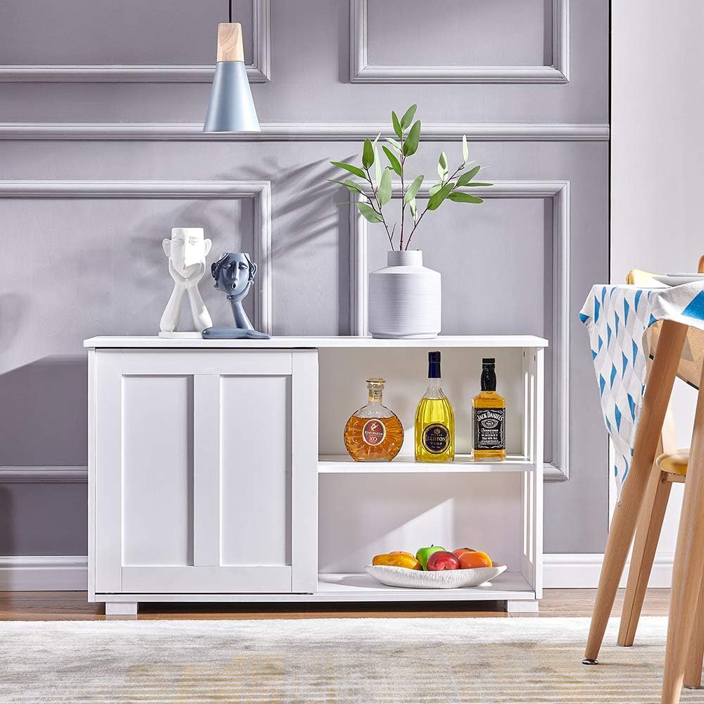 Storage Cabinet Sideboard Buffet Table with Sliding Door for Kitchen Dining Room Furniture (White)