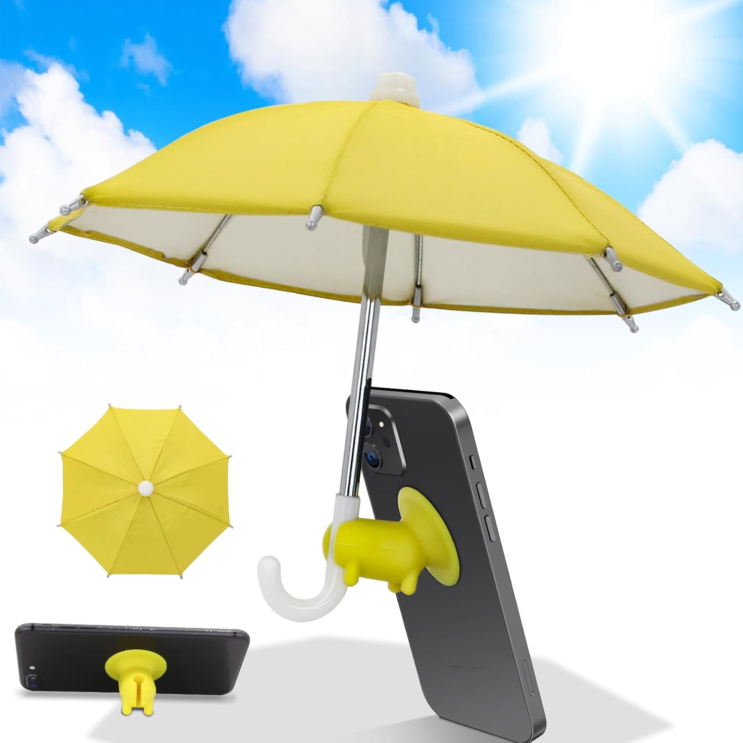 Phone Umbrella for Sun Suction Cup Stand, Cell Phone Mini Sun Shade for iPhone with Cute Piggy Umbrella Phone Holder, Yellow