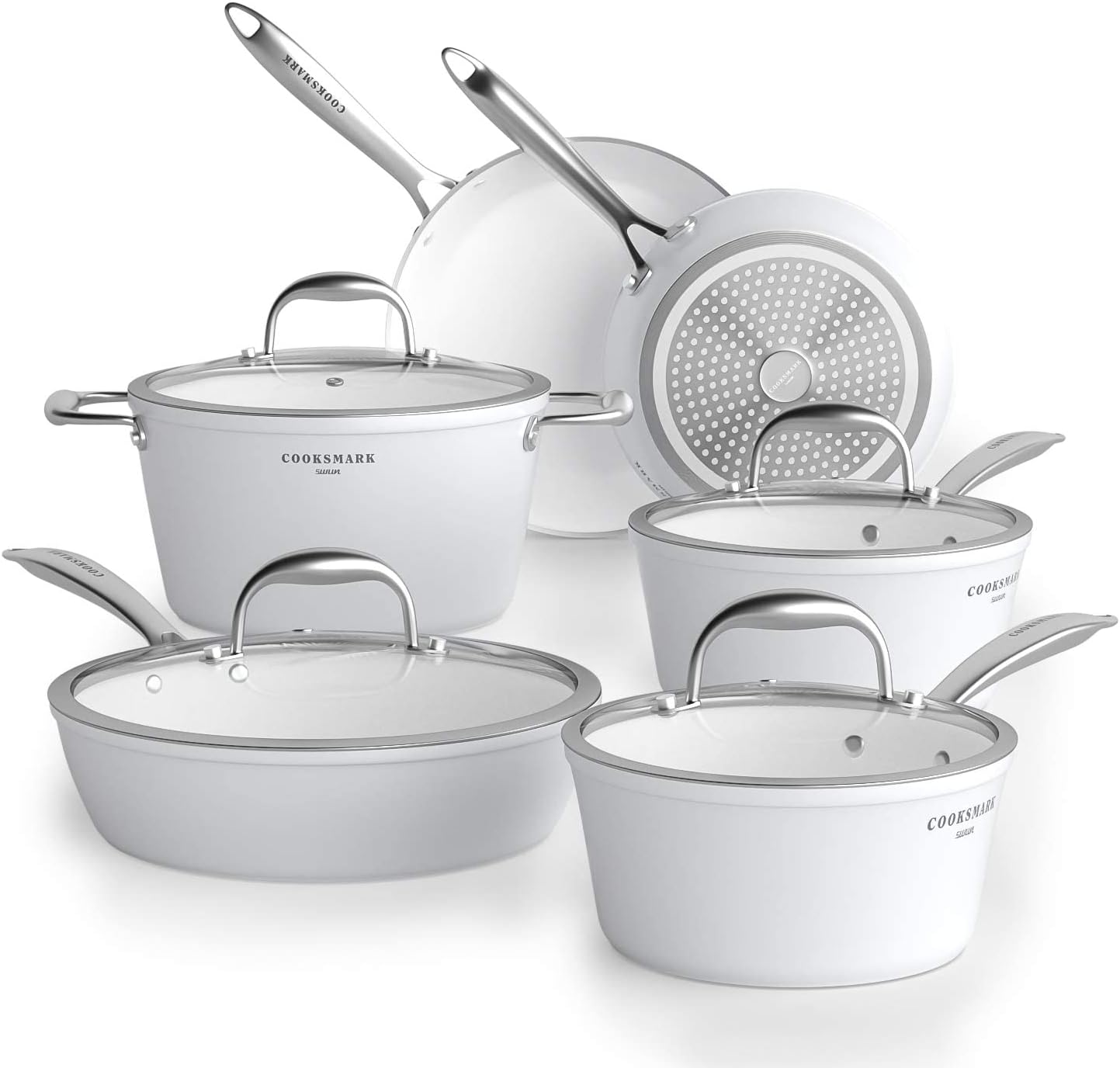 COOKSMARK Nonstick Ceramic Cookware Set, 10 Pieces White Pots and Pans Set with Glass Lids & Stainless Steel Handles, Induction Cookware Set & Dishwasher Oven Safe, Scratch-Resistant