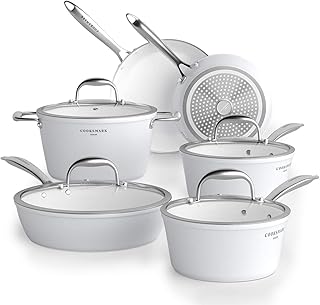 COOKSMARK Nonstick Ceramic Cookware Set, 10 Pieces White Pots and Pans Set with Glass Lids & Stainless Steel Handles, Induction Cookware Set & Dishwasher Oven Safe, Scratch-Resistant