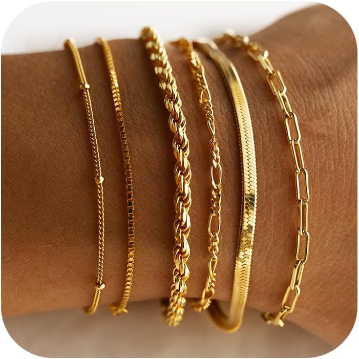 DEARMAY Gold Bracelets for Women Waterproof, 14K Real Gold Jewelry Sets Trendy Thin Dainty Stackable Cuban Link Paperclip Chain Bracelet Pack Fashion Accessories Gifts for Womens