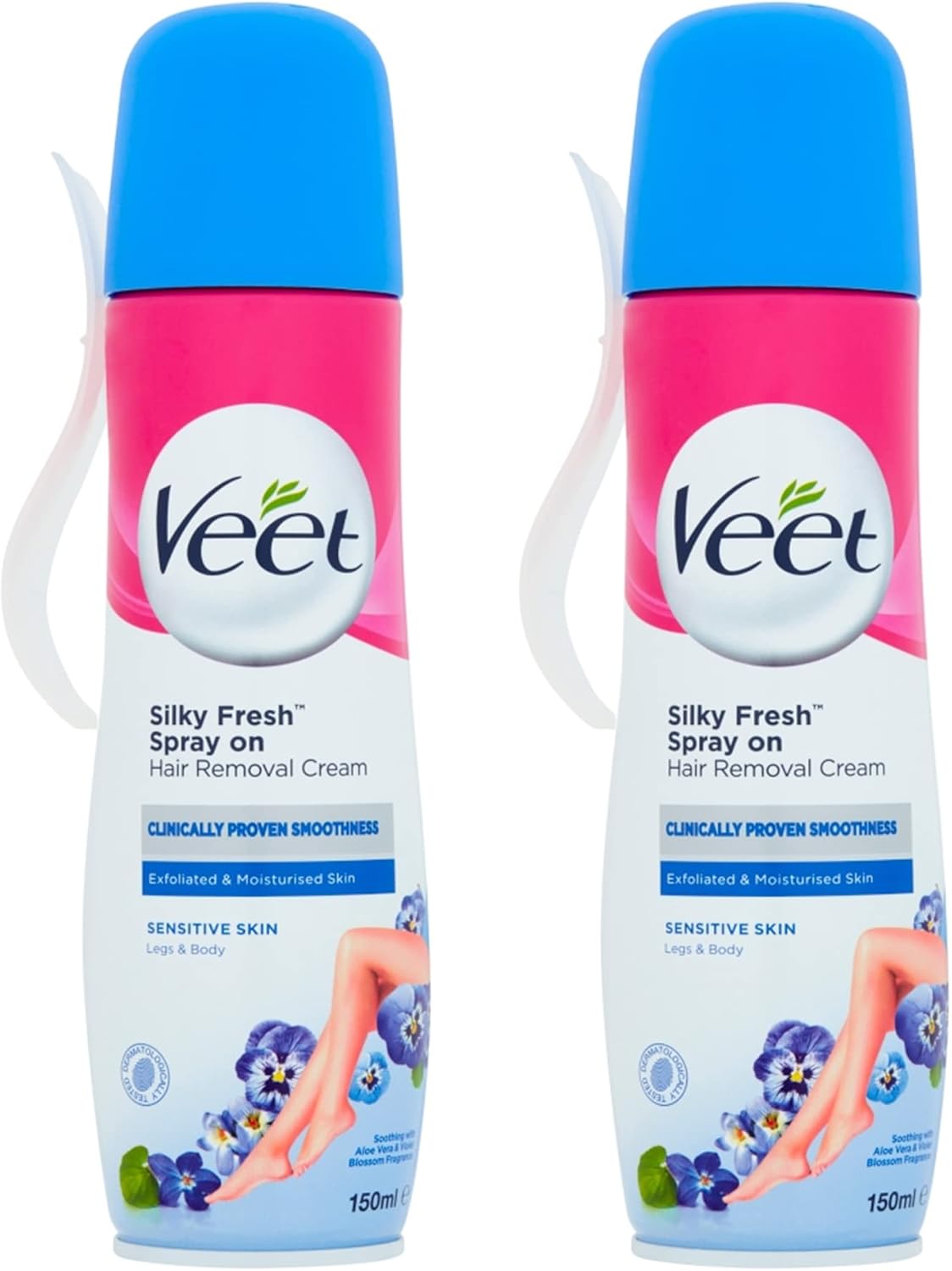 Veet Spray-on Hair Removal Cream, Legs & Body, Sensitive Skin, 150ml each (pack of 2, 300ml),