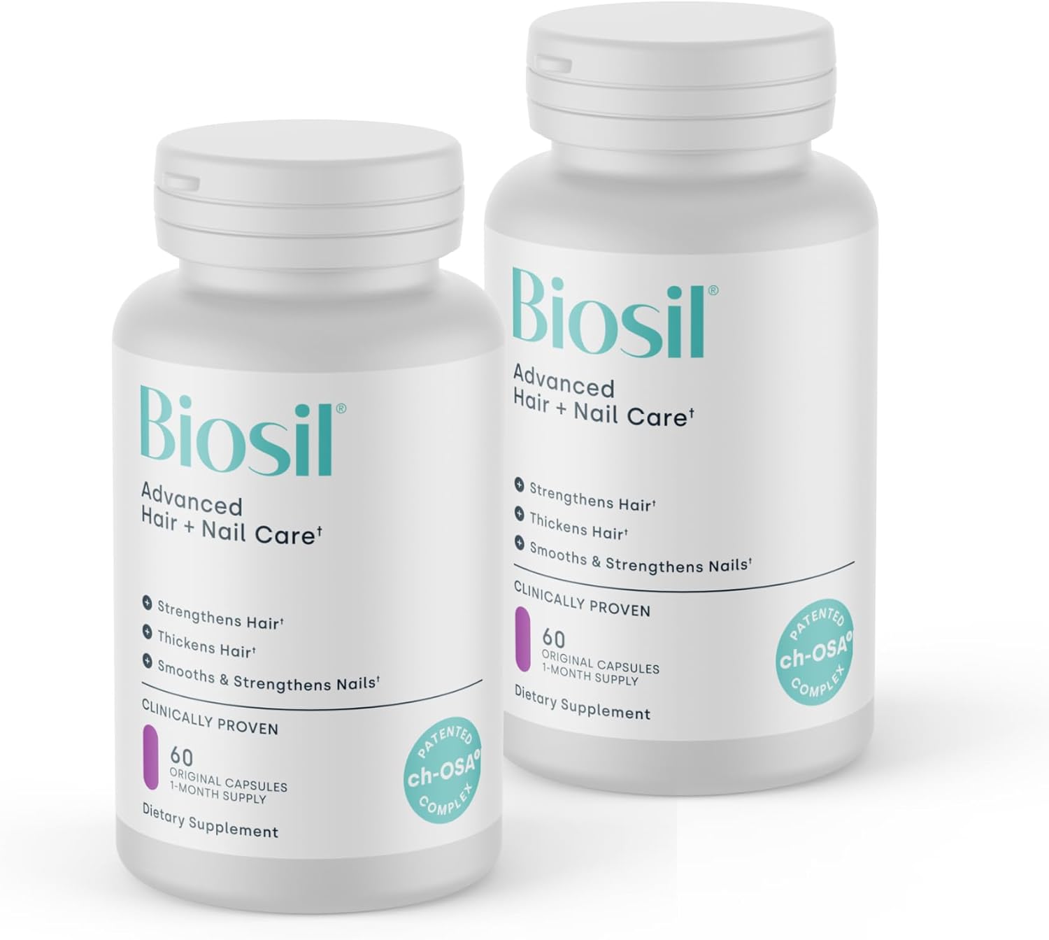 Biosil Advanced Hair + Nail Care - 60 Capsules, Pack of 2 - Grow, Strengthen & Thicken Hair and Nails - with Patented ch-OSA & Biotin - 60-Day Supply