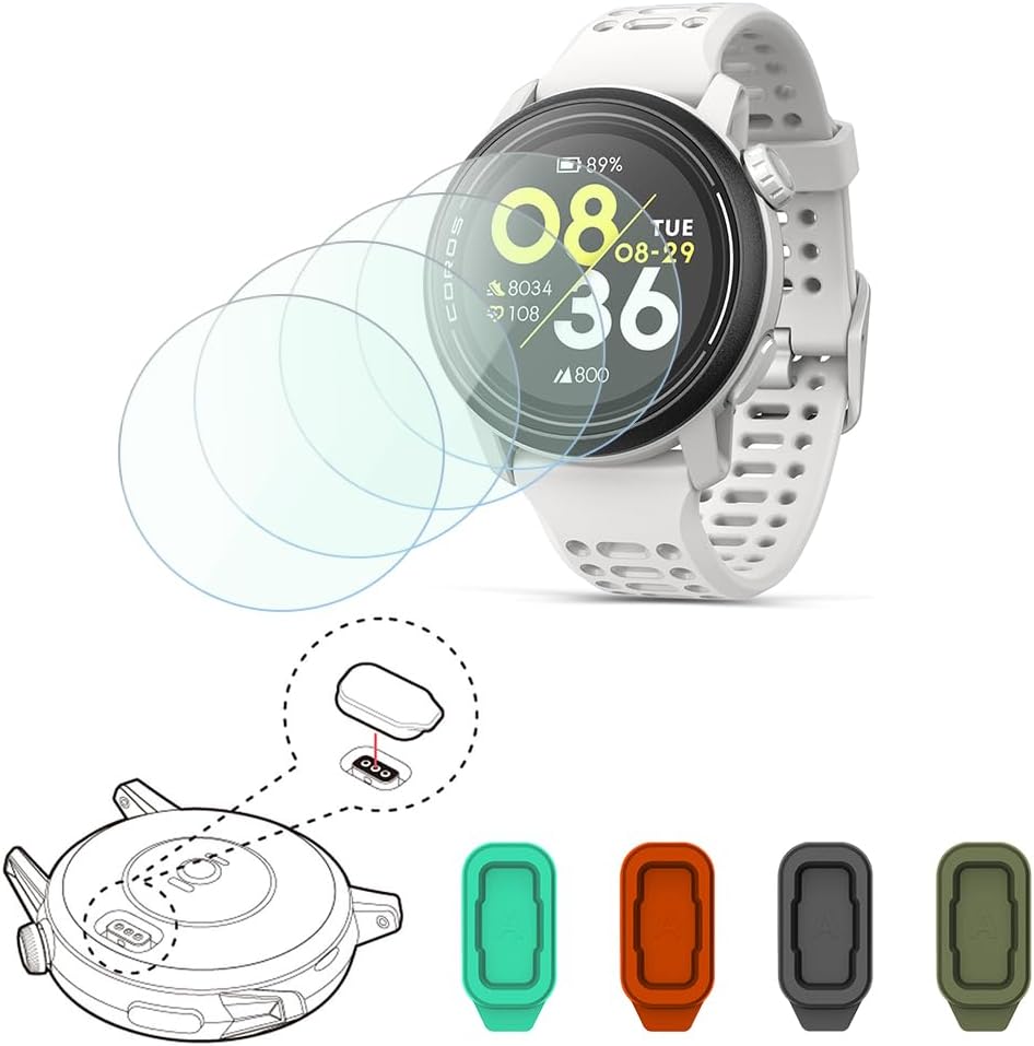 SmartWatch Tempered Glass Screen Protector Compatible for COROS Pace 3 & Pace 2, protective film 2.5D 9H Hardness HD and Charging Dust Plug (Pack of 4+4)