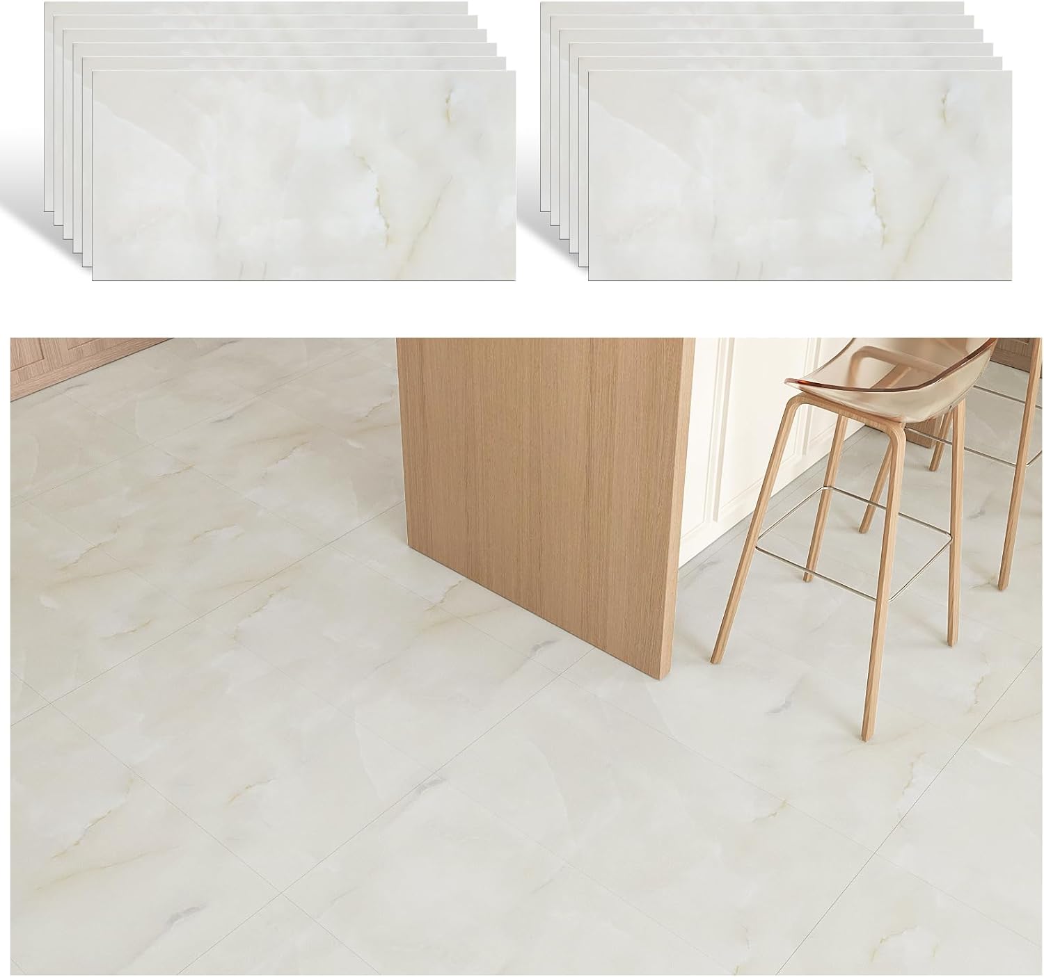 VEELIKE PVC Floor Marble Beige PVC Flooring Self-Adhesive Tiles Marble Vinyl Tile Stickers Floor Tiles Bathroom Floor Vinyl Floor Kitchen PVC Tiles Garage 60 cm x 30 cm Pack of 12