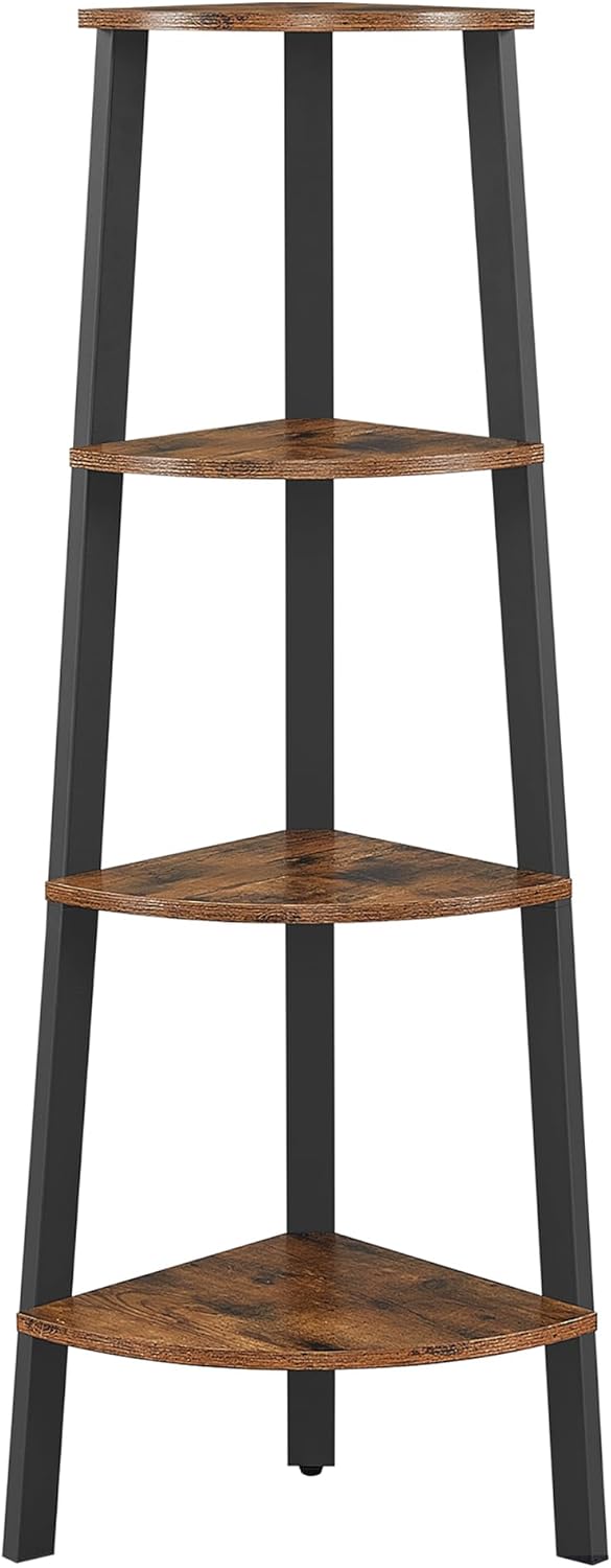 VASAGLE - Corner Shelf Bookcase - 4 Tier Ladder Shelf - Storage Unit, Plant Holder for Living Room - Industrial Style with Steel Frame - Rustic Brown and Black - LLS34X
