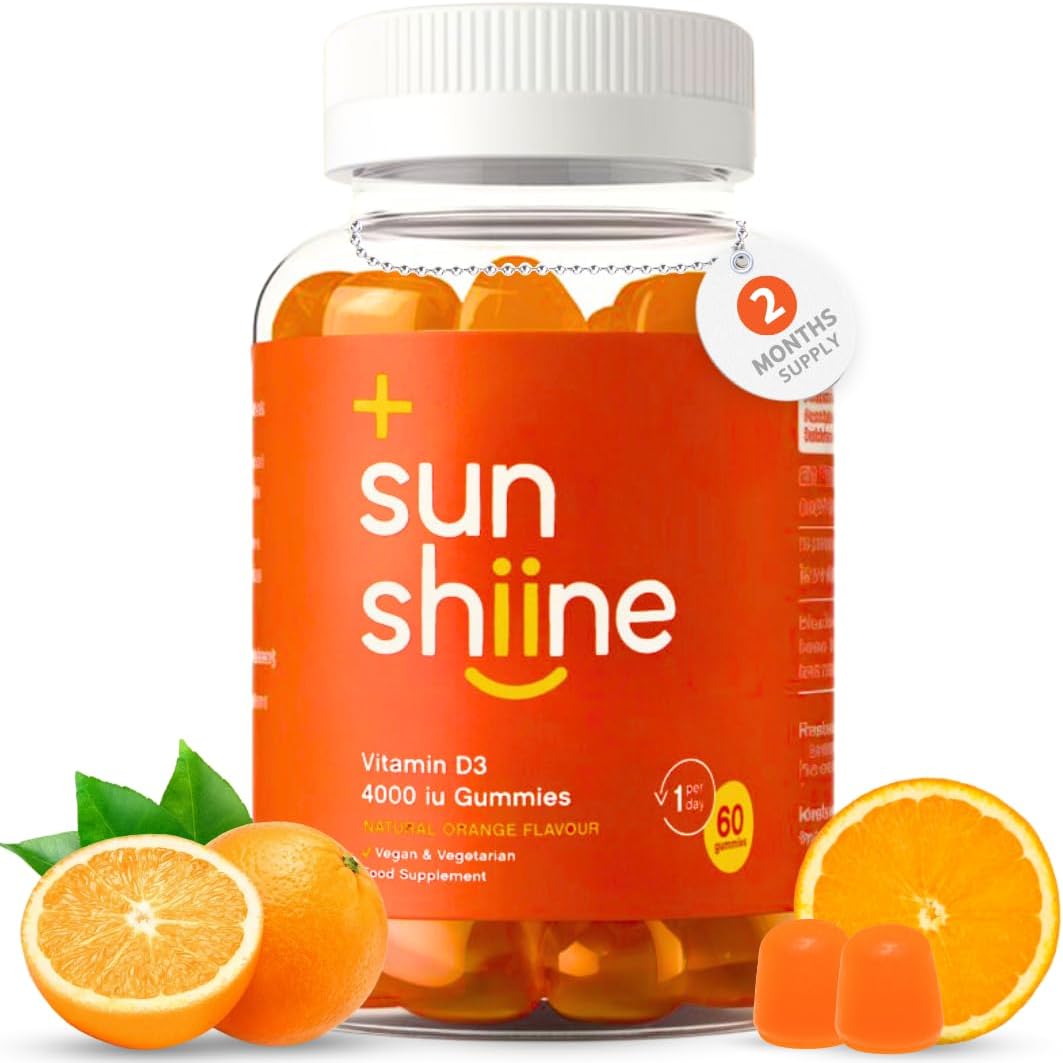 Sunshiine Vegan Vitamin D3 4000 IU Gummies - Vitamin D Important for Immunity & Bones - Vitamin D3 Chewable Gummies 60 Count - Vitamin D Gummies for Adults and Children Above Age 11, Orange Flavour