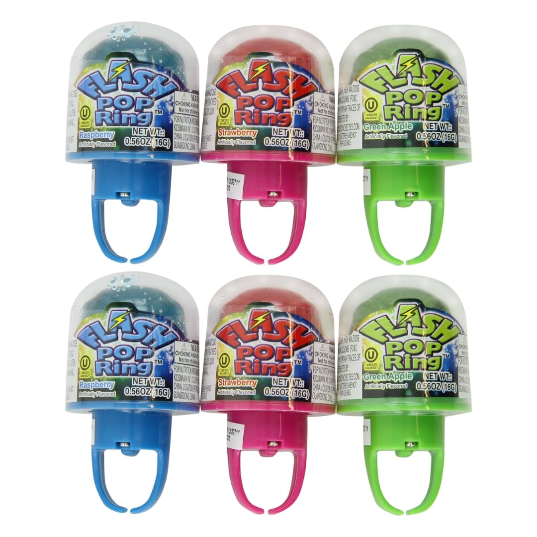 Kidsmania Flash Pop Ring Gift, Novelty Lightup Ring Lollipops - Strawberry, Blue Raspberry & Watermelon (Flavors May Vary) - Pack of 6 By Lyza's Sweets & Treats