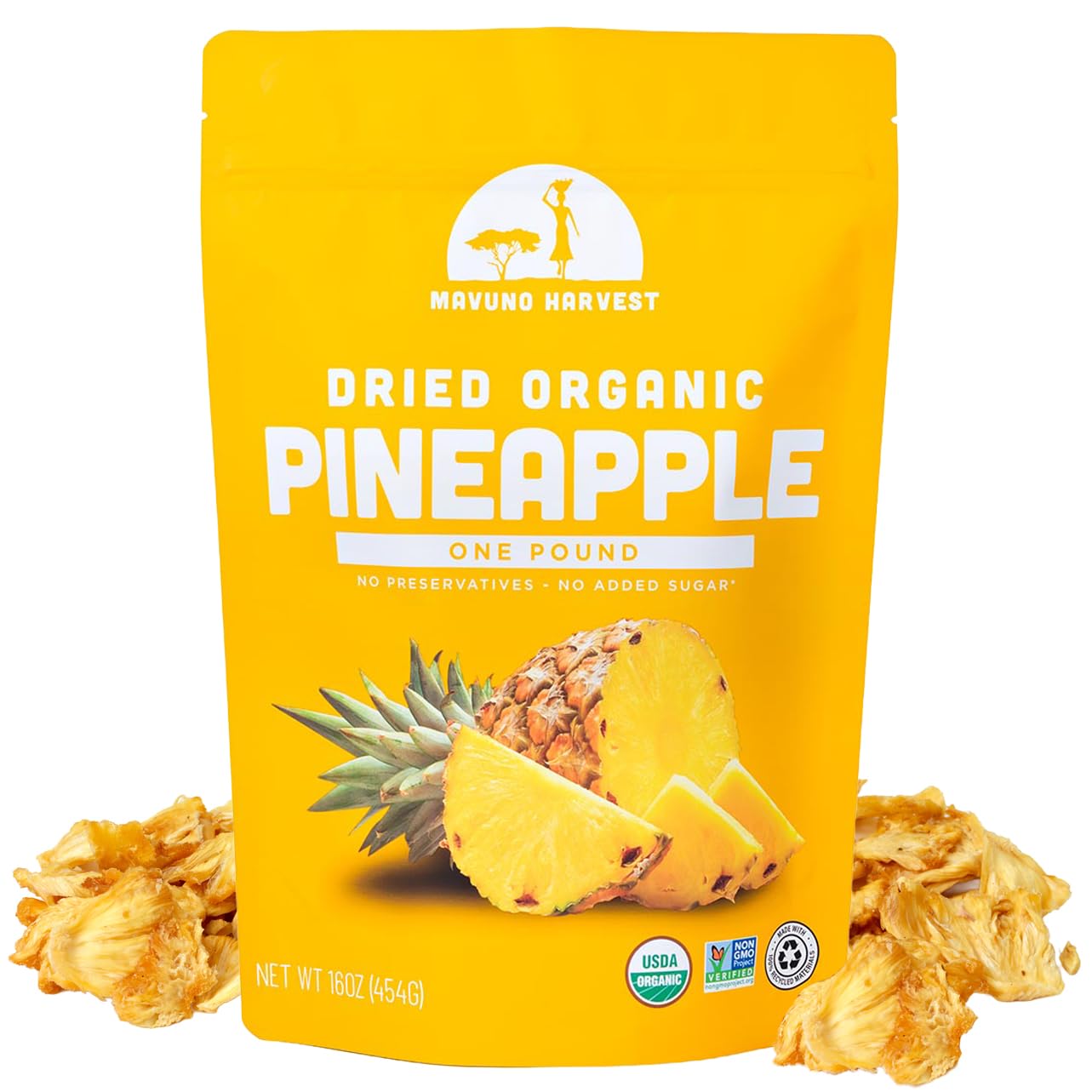 Mavuno Harvest Organic Dried Pineapple - No Sugar Added -1lb Resealable Bag