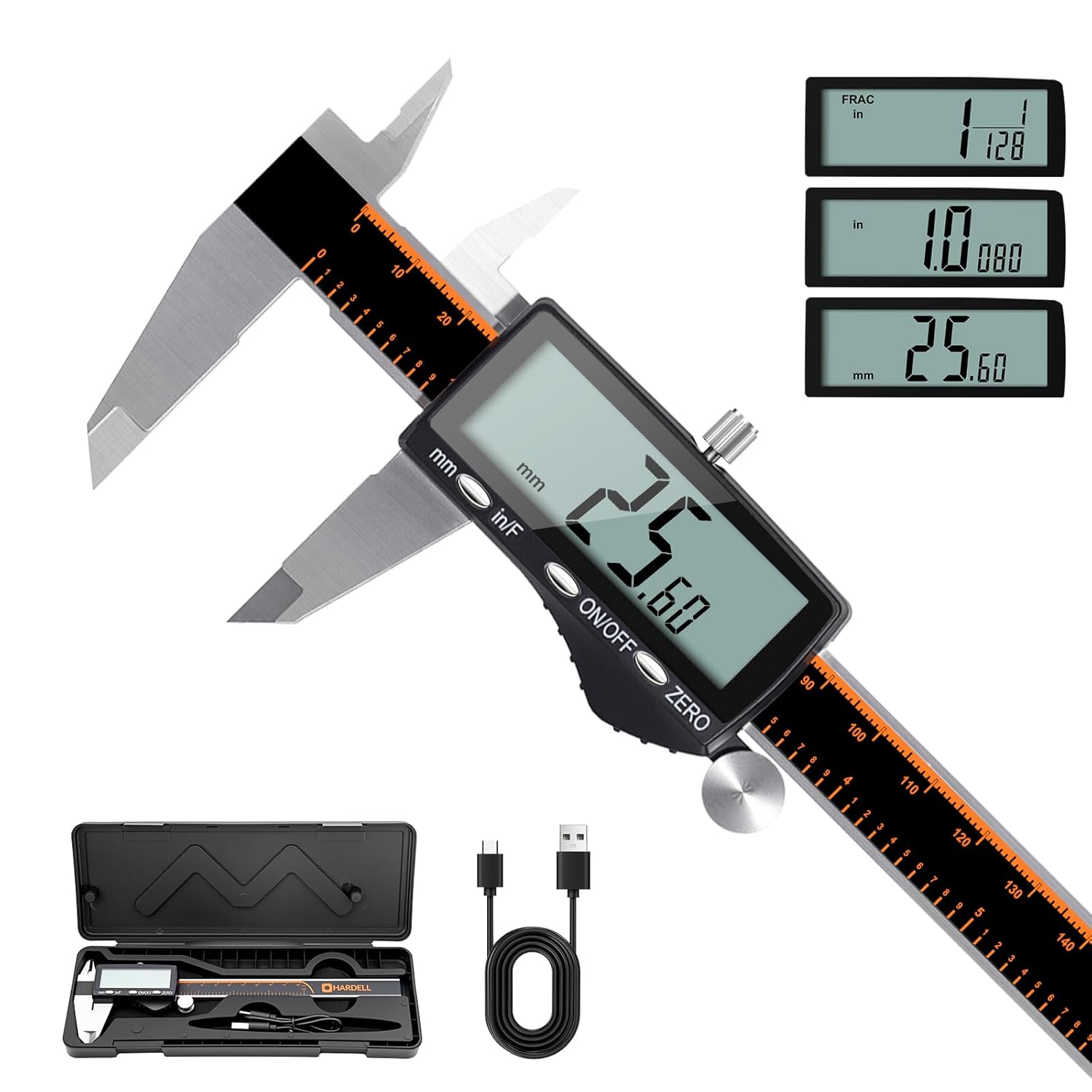 HARDELL Digital Caliper, Rechargeable Calipers with Large LCD Screen, Stainless Steel Caliper Measuring Tool, Auto-Off Micrometer, Inch/MM/Fraction for DIY/Household/3D-printing
