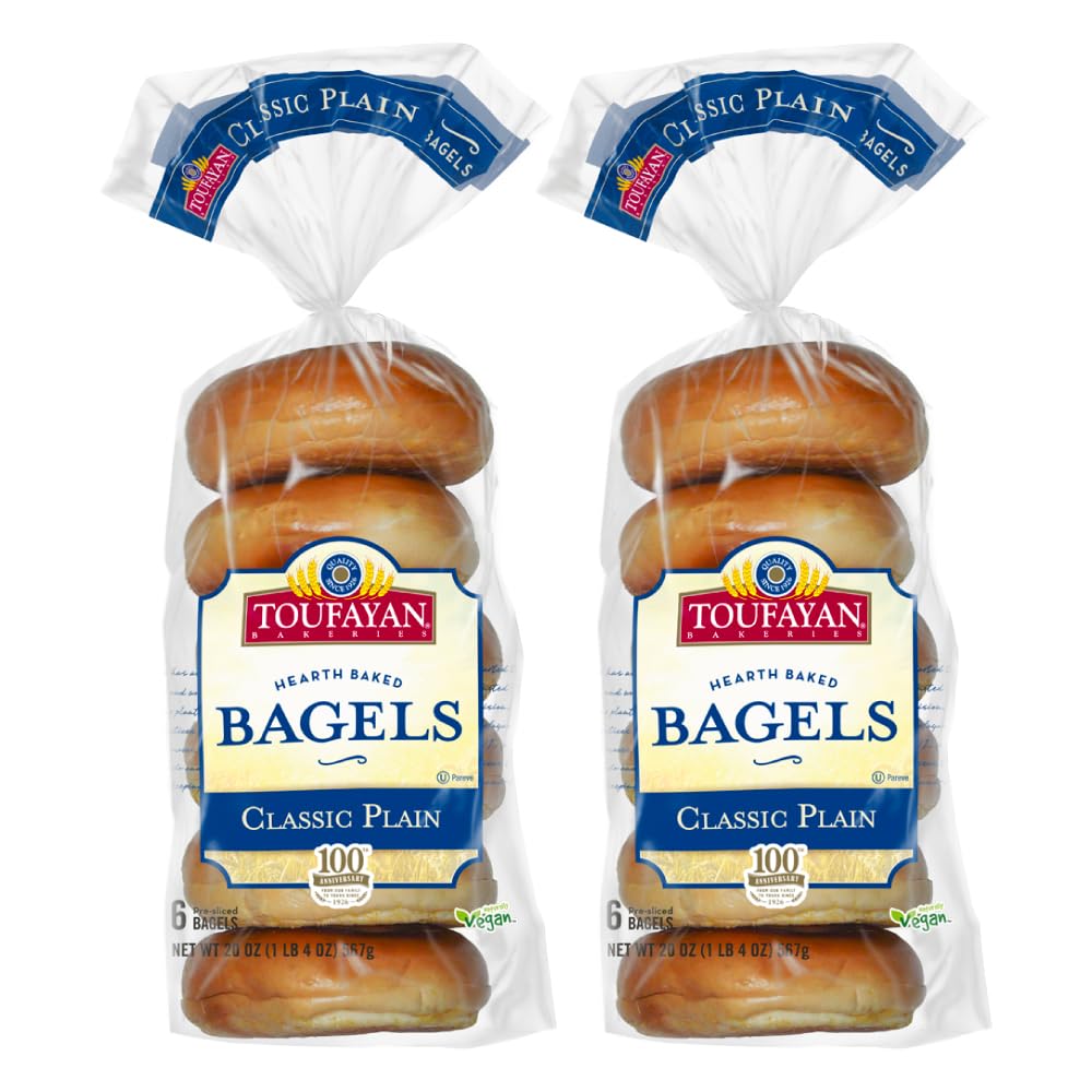 Toufayan Plain Pre‑Sliced Bagels – Vegan, Kosher, 2 Packs (12 Bagels Total), Soft Texture, Great for Breakfast or Sandwiches